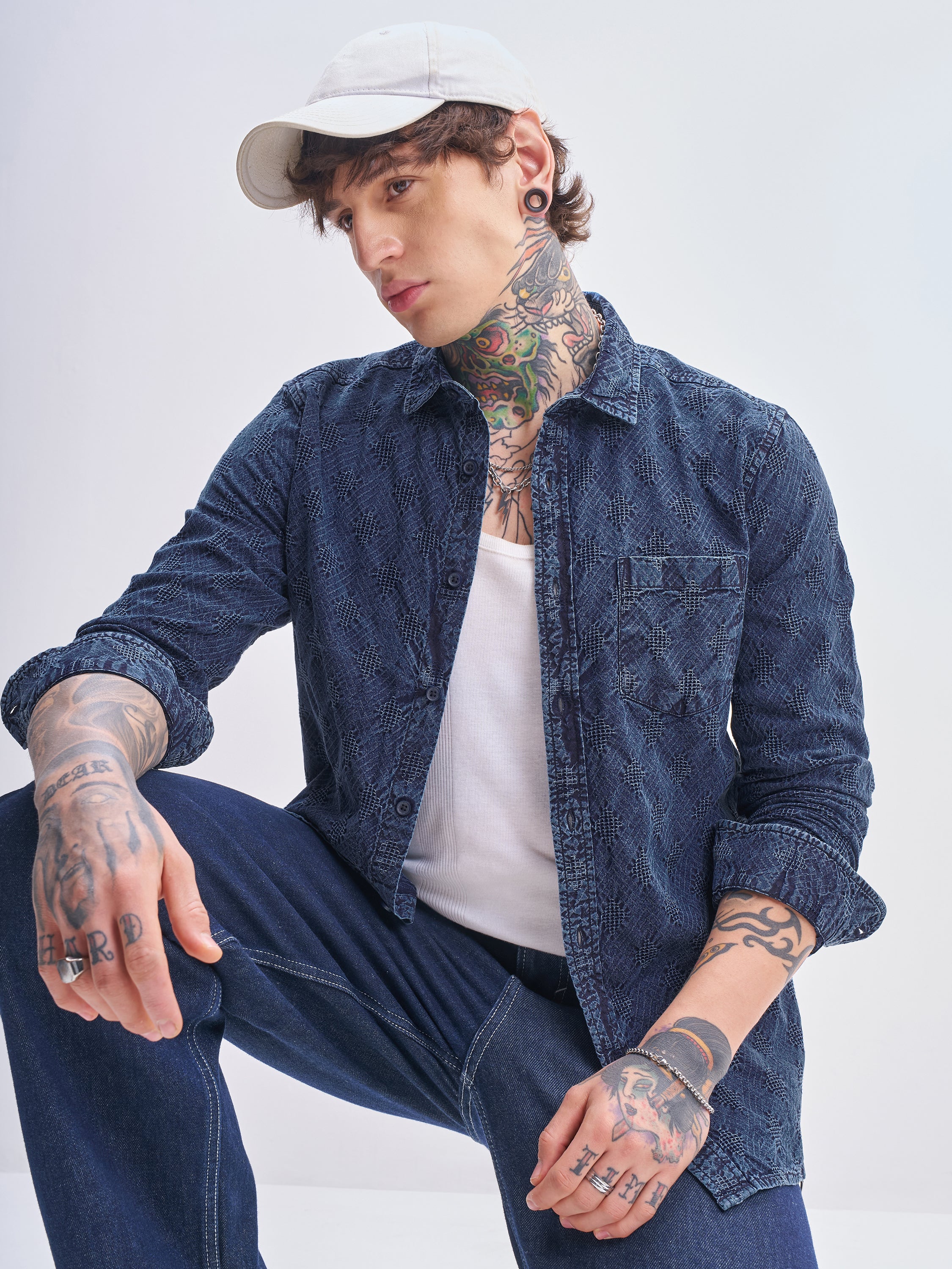 Highlander Men Blue Self Design Slim Fit Casual Shirt - Blue - Image 1