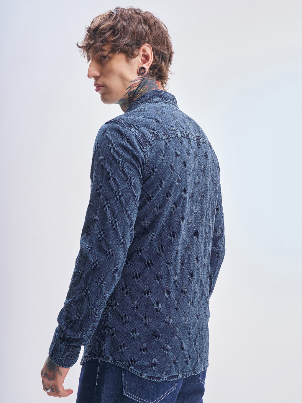 Highlander Men Blue Self Design Slim Fit Casual Shirt - Blue - Image 3