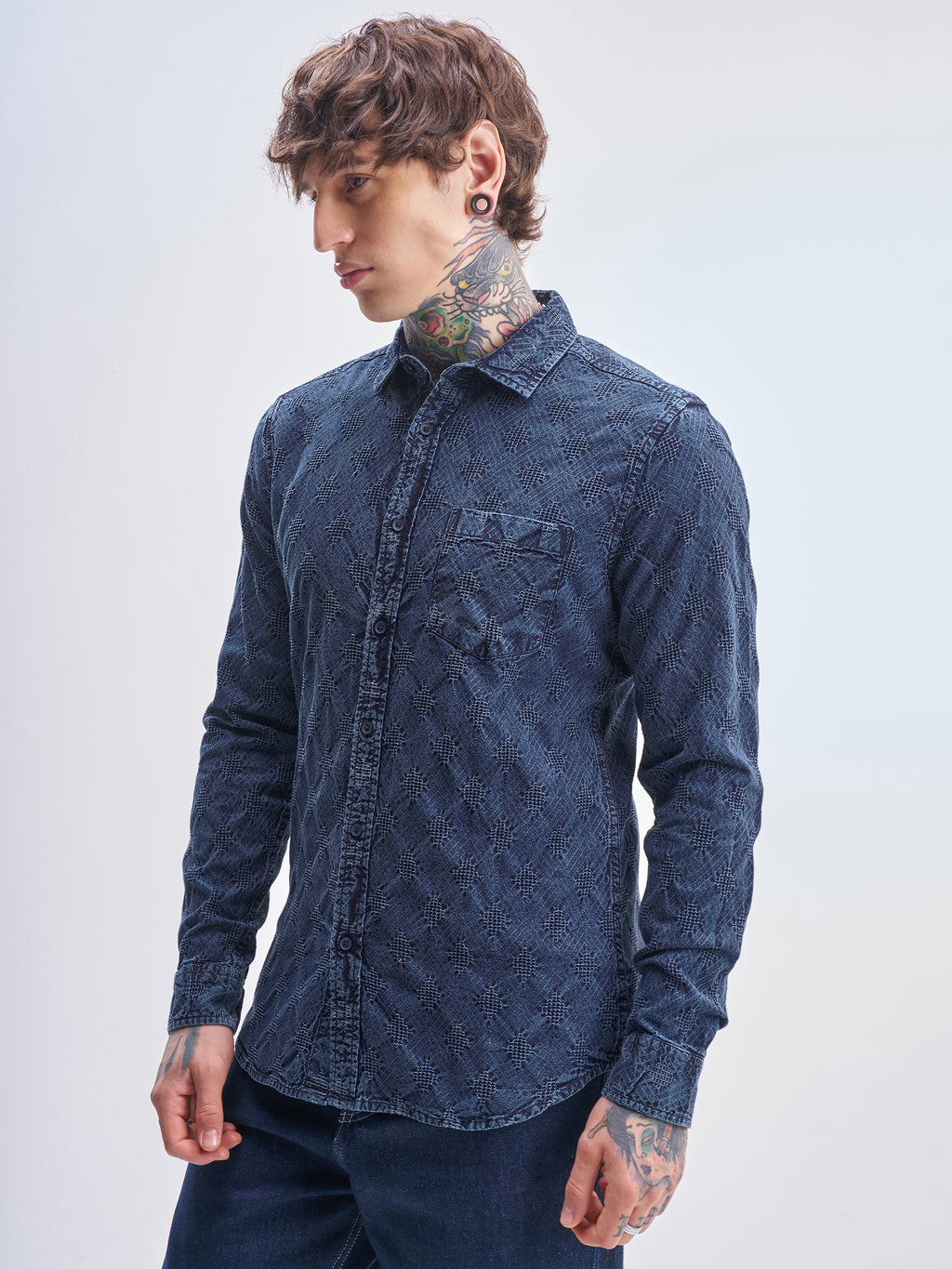 Highlander Men Blue Self Design Slim Fit Casual Shirt - Blue - Image 4