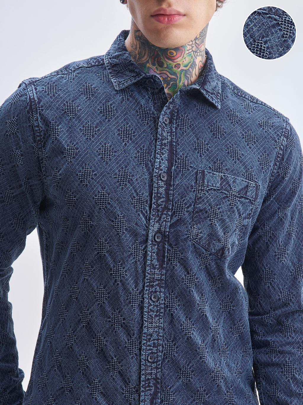 Highlander Men Blue Self Design Slim Fit Casual Shirt - Blue - Image 5