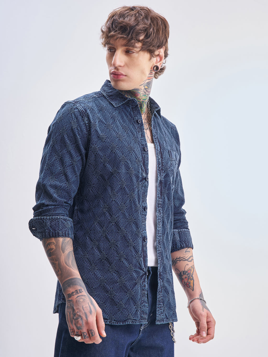 Highlander Men Blue Self Design Slim Fit Casual Shirt - Blue - Image 6