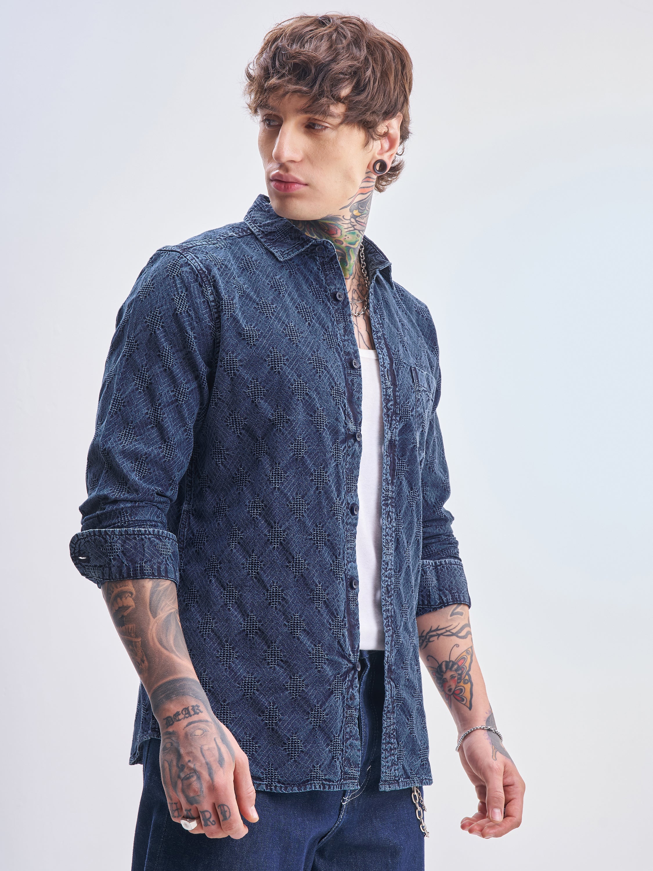 Highlander Men Blue Self Design Slim Fit Casual Shirt - Blue - Image 6