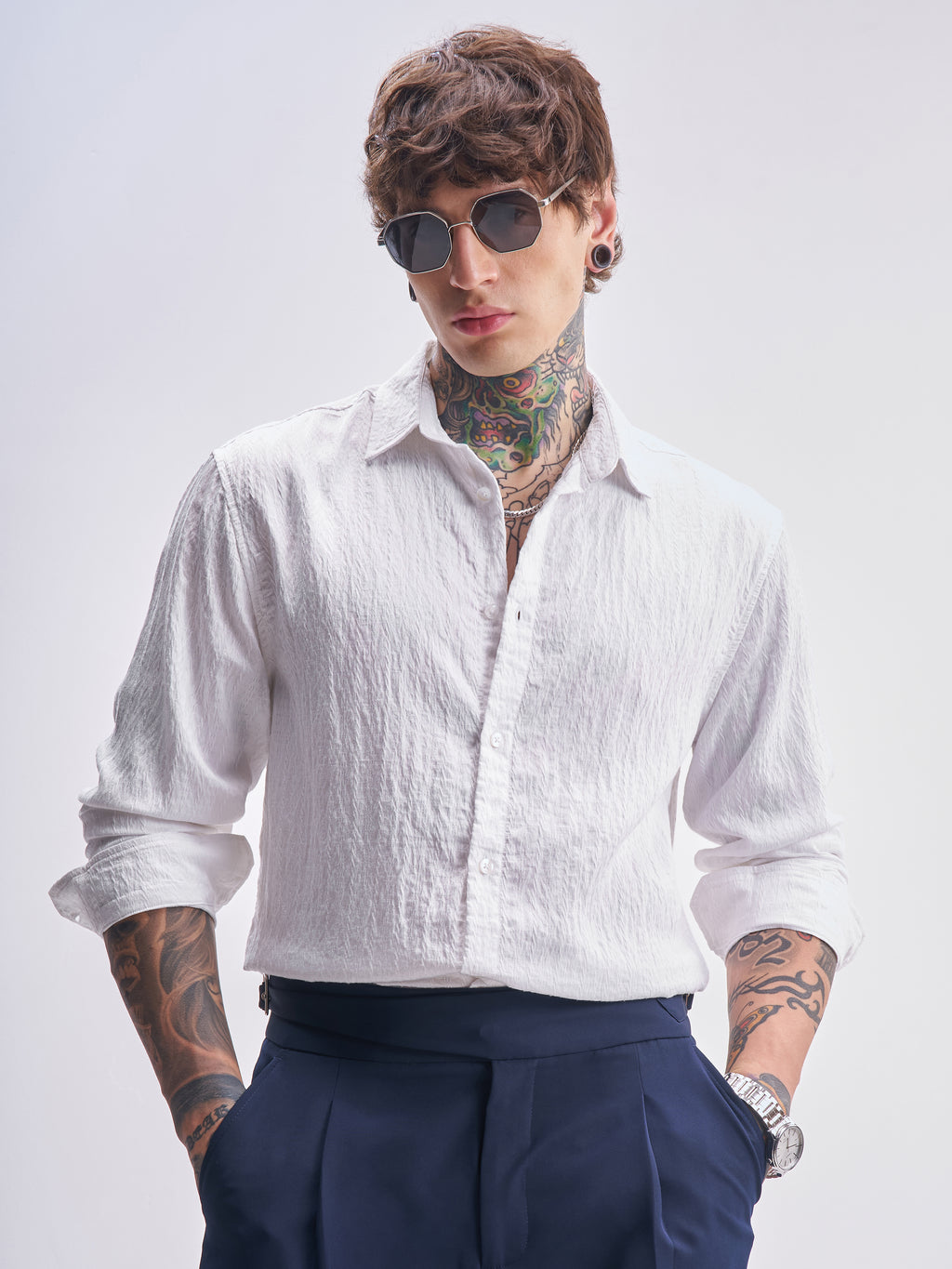 Highlander Men White Self Design Relaxed Fit Casual Shirt - White - Image 1