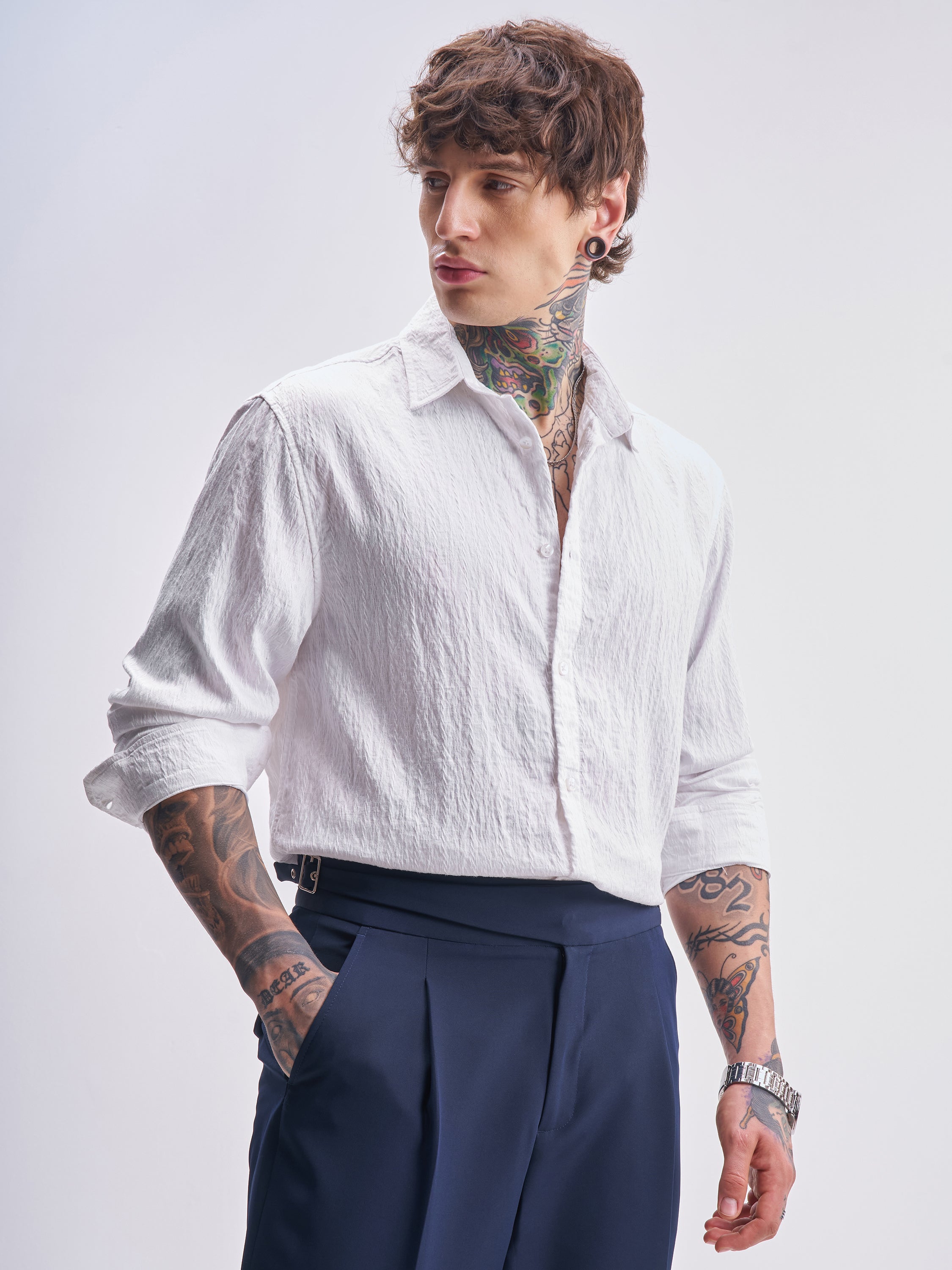 Highlander Men White Self Design Relaxed Fit Casual Shirt - White - Image 6