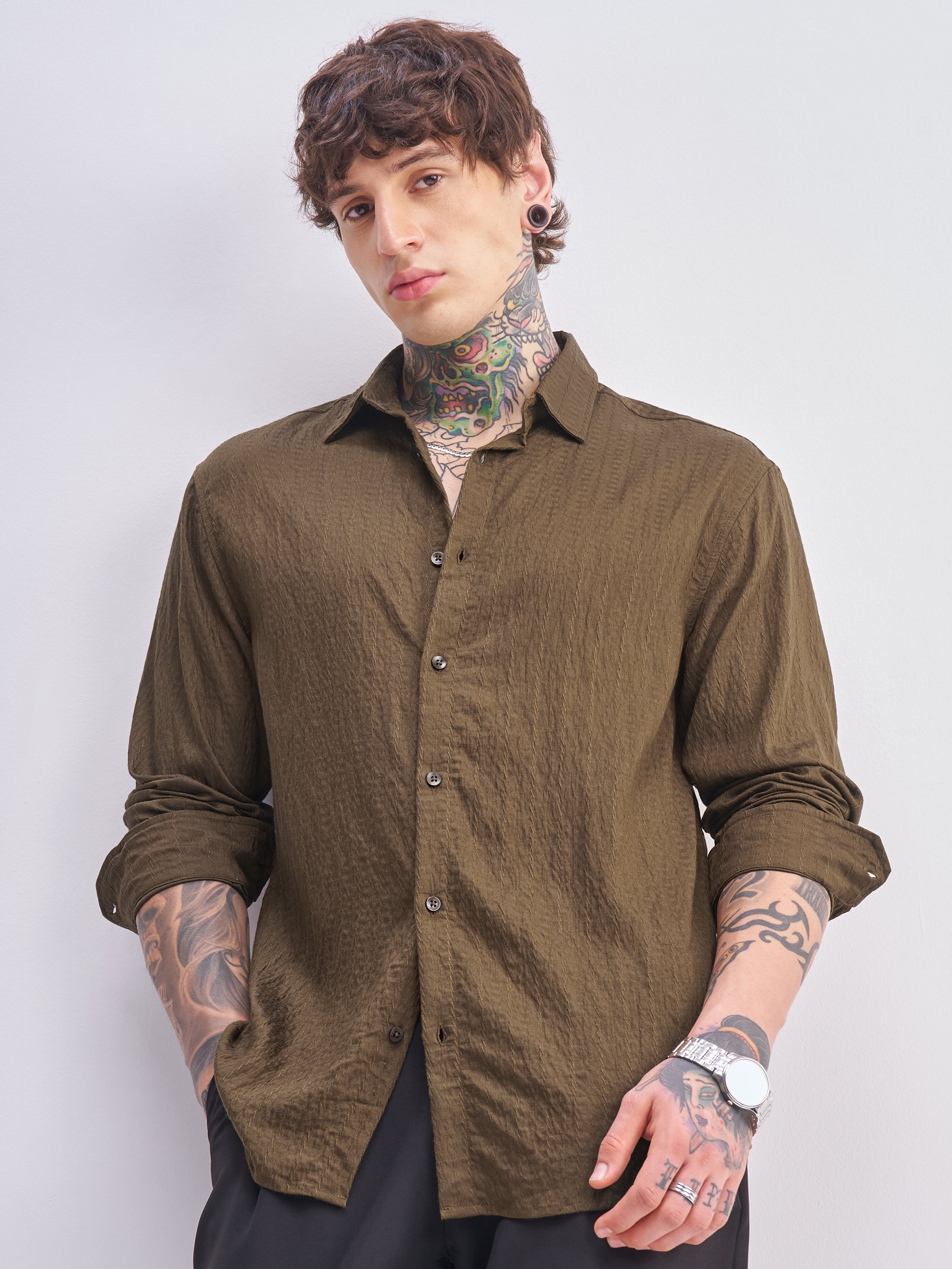 Highlander Men Brown Self Design Relaxed Fit Casual Shirt - Brown - Image 1