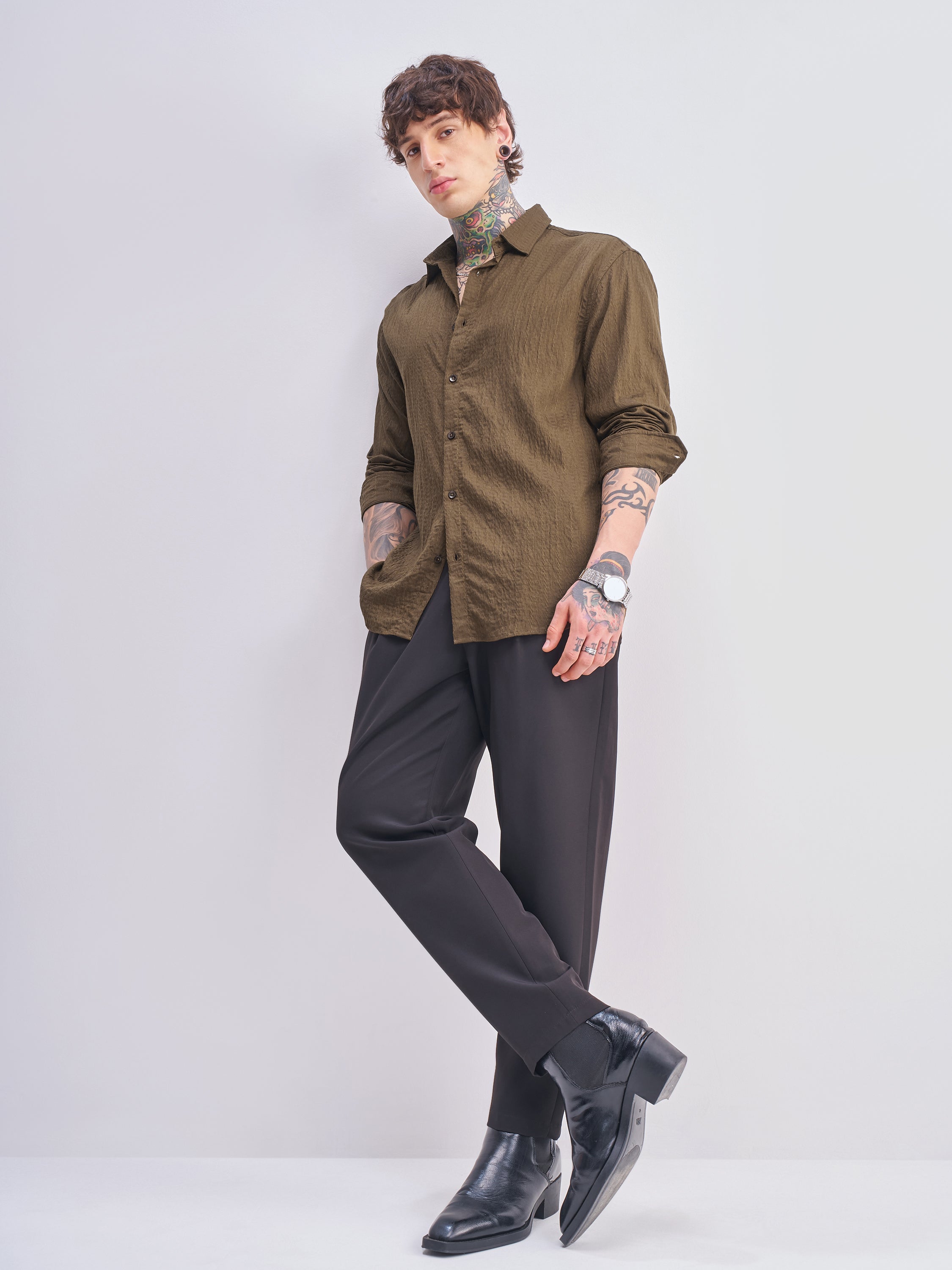 Highlander Men Brown Self Design Relaxed Fit Casual Shirt - Brown - Image 2