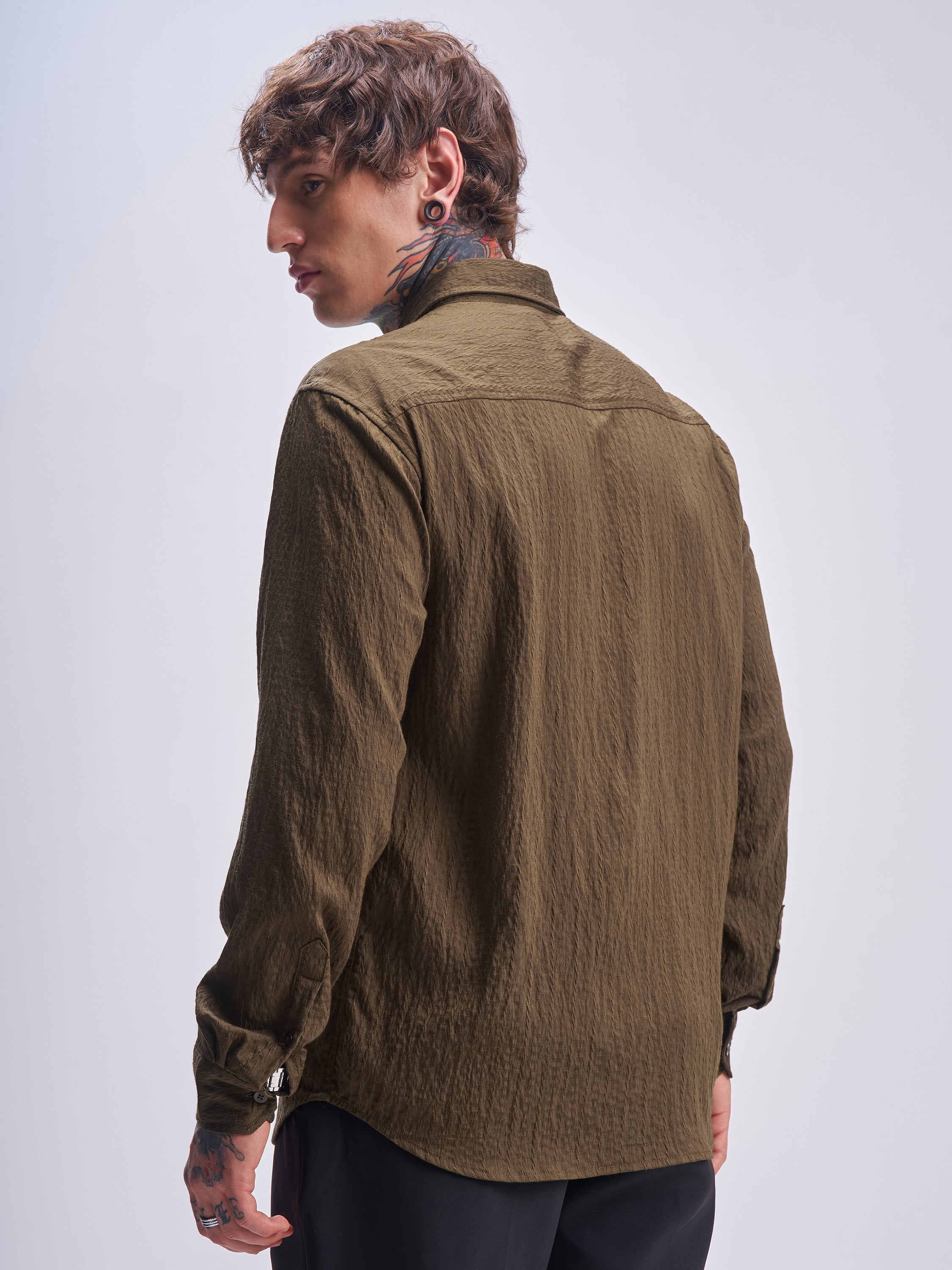 Highlander Men Brown Self Design Relaxed Fit Casual Shirt - Brown - Image 3