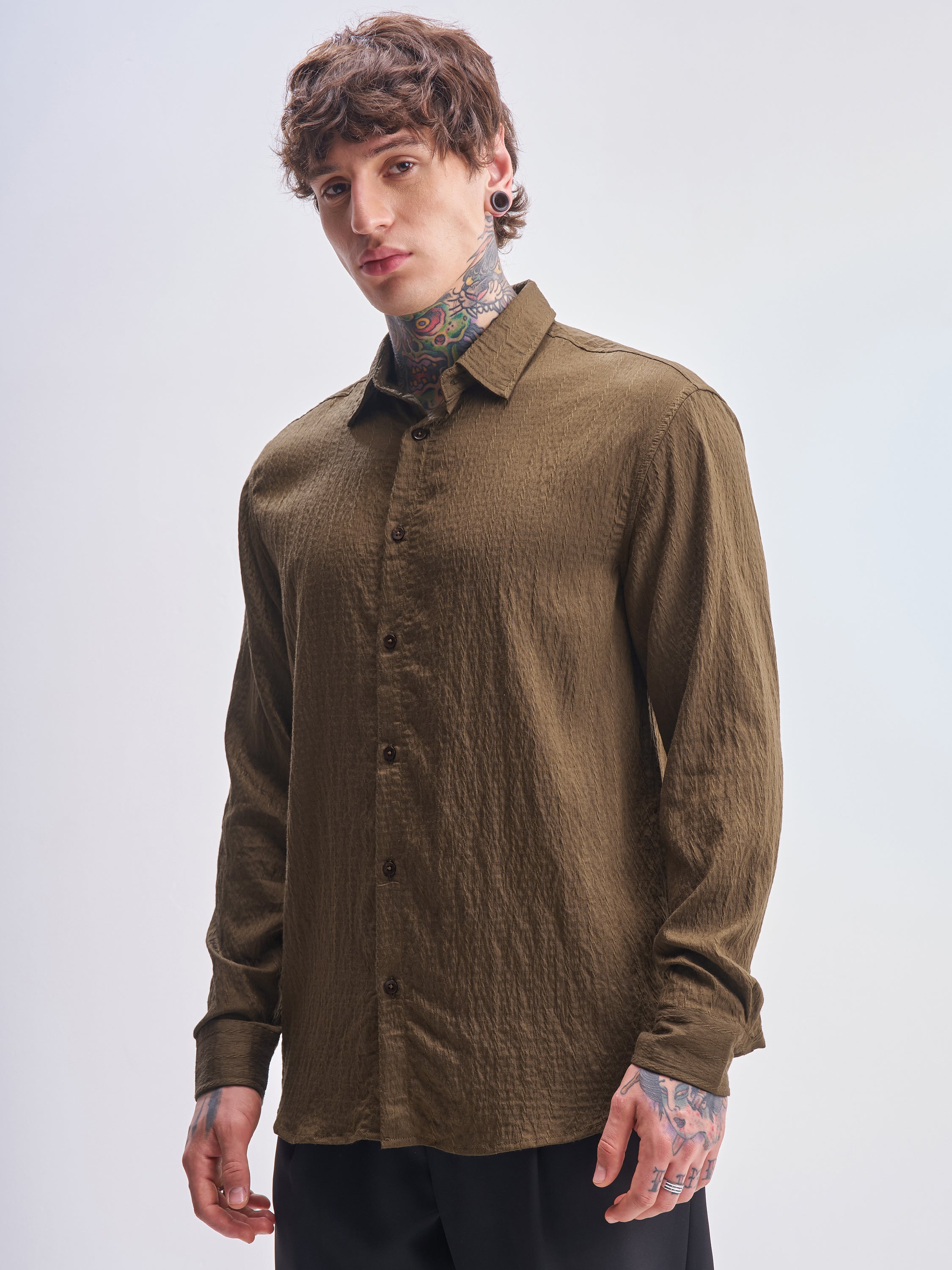 Highlander Men Brown Self Design Relaxed Fit Casual Shirt - Brown - Image 4