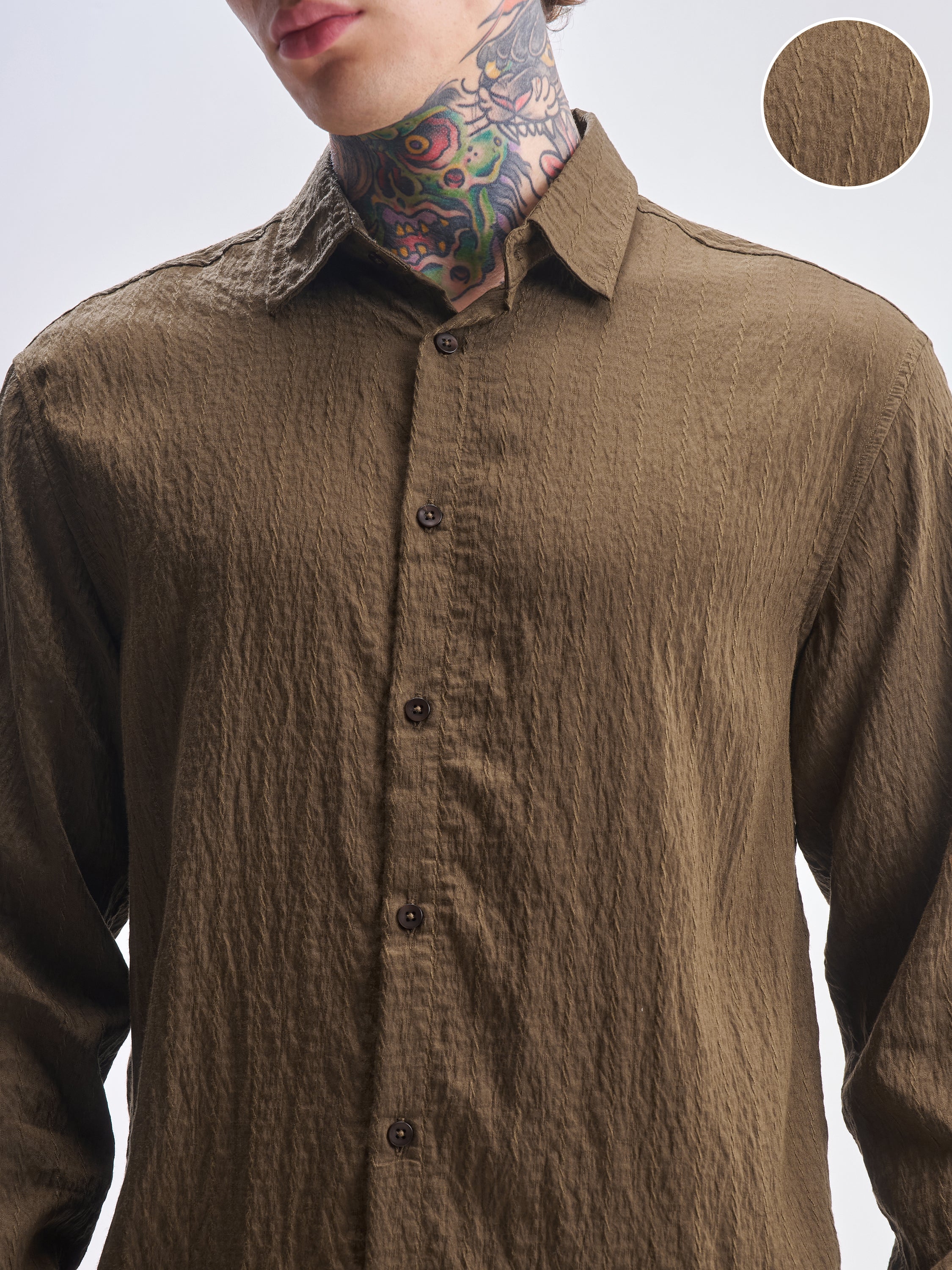 Highlander Men Brown Self Design Relaxed Fit Casual Shirt - Brown - Image 5