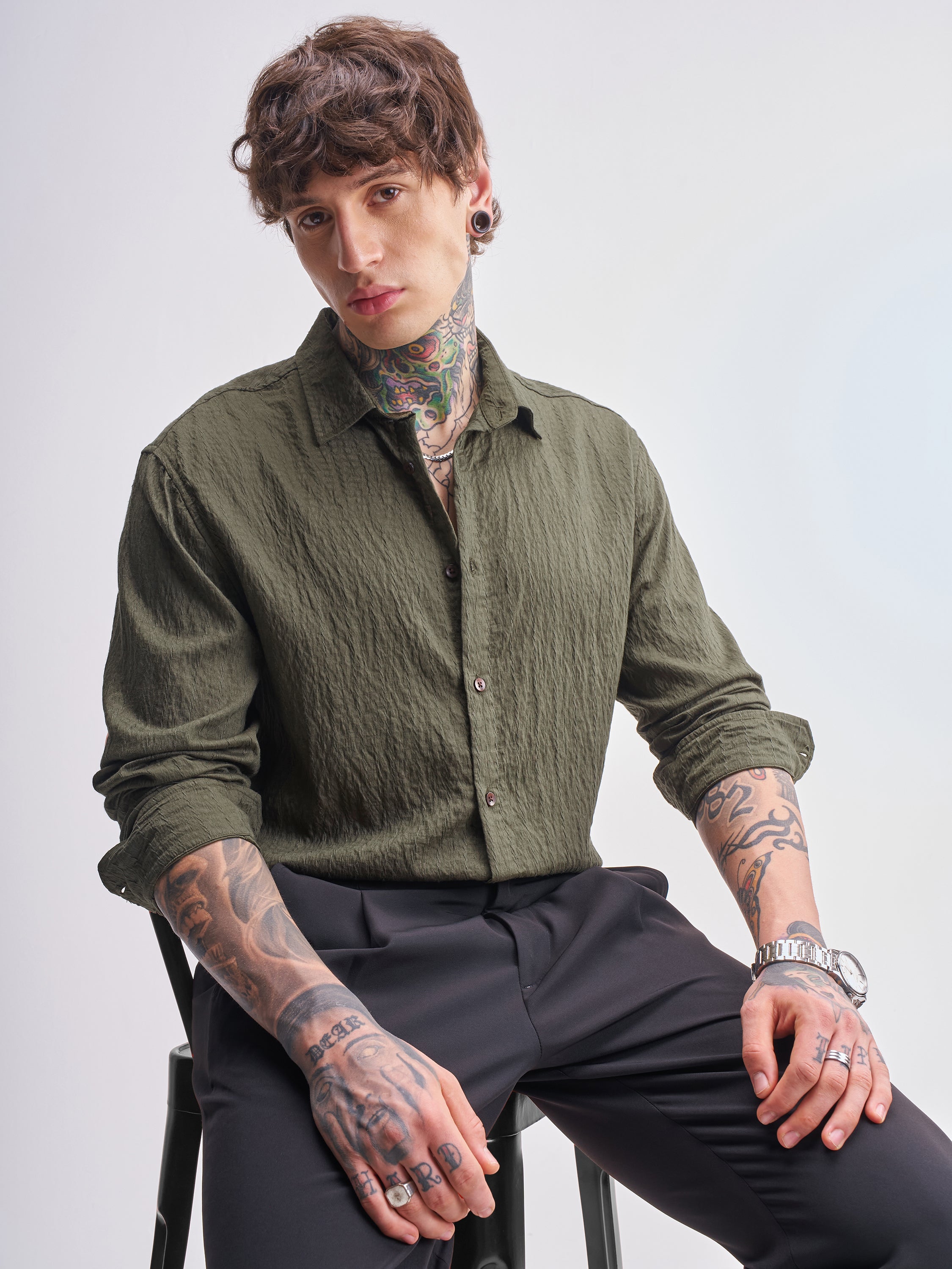 Highlander Men Olive Self Design Relaxed Fit Casual Shirt - Olive - Image 1