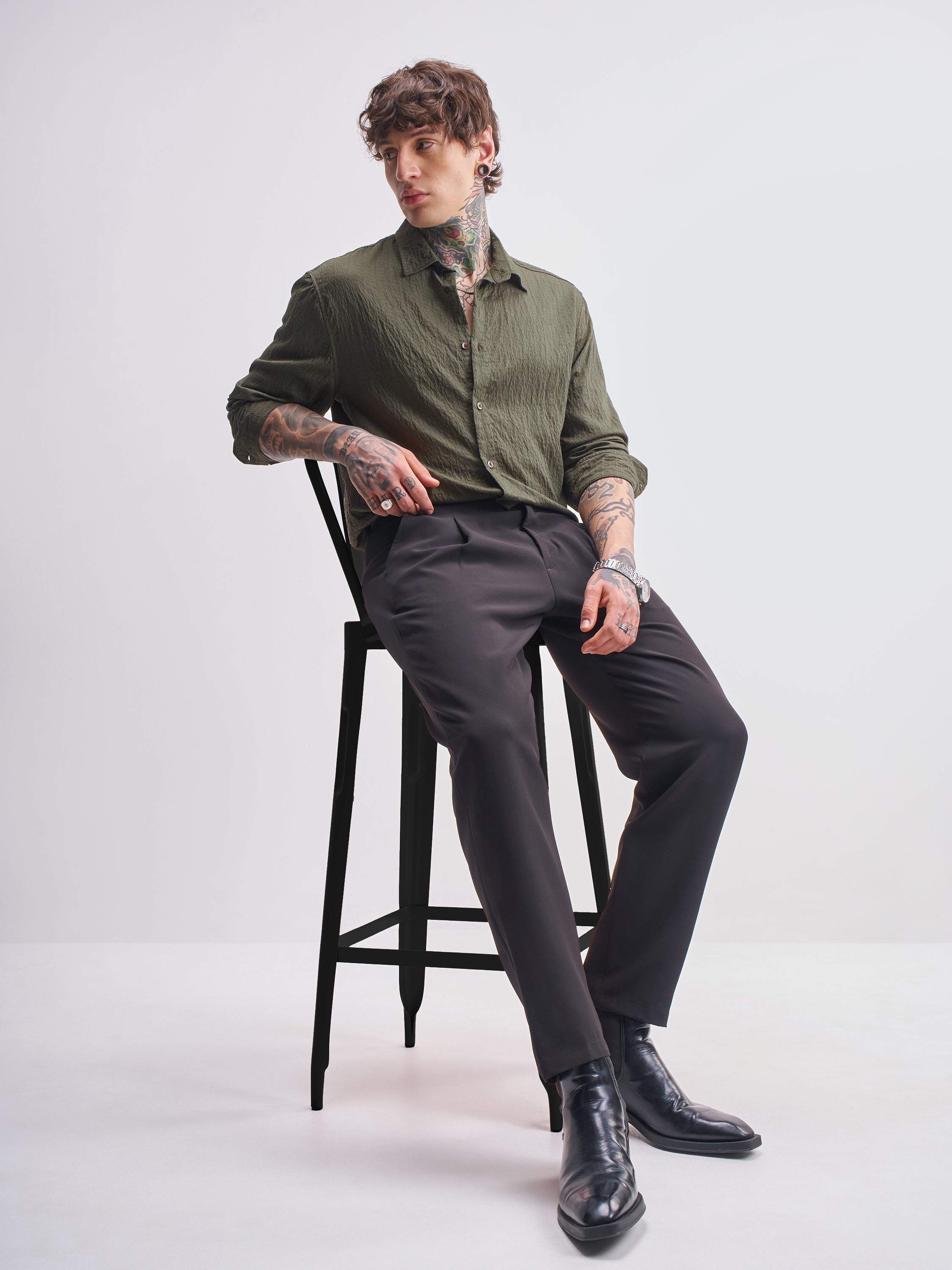 Highlander Men Olive Self Design Relaxed Fit Casual Shirt - Olive - Image 2