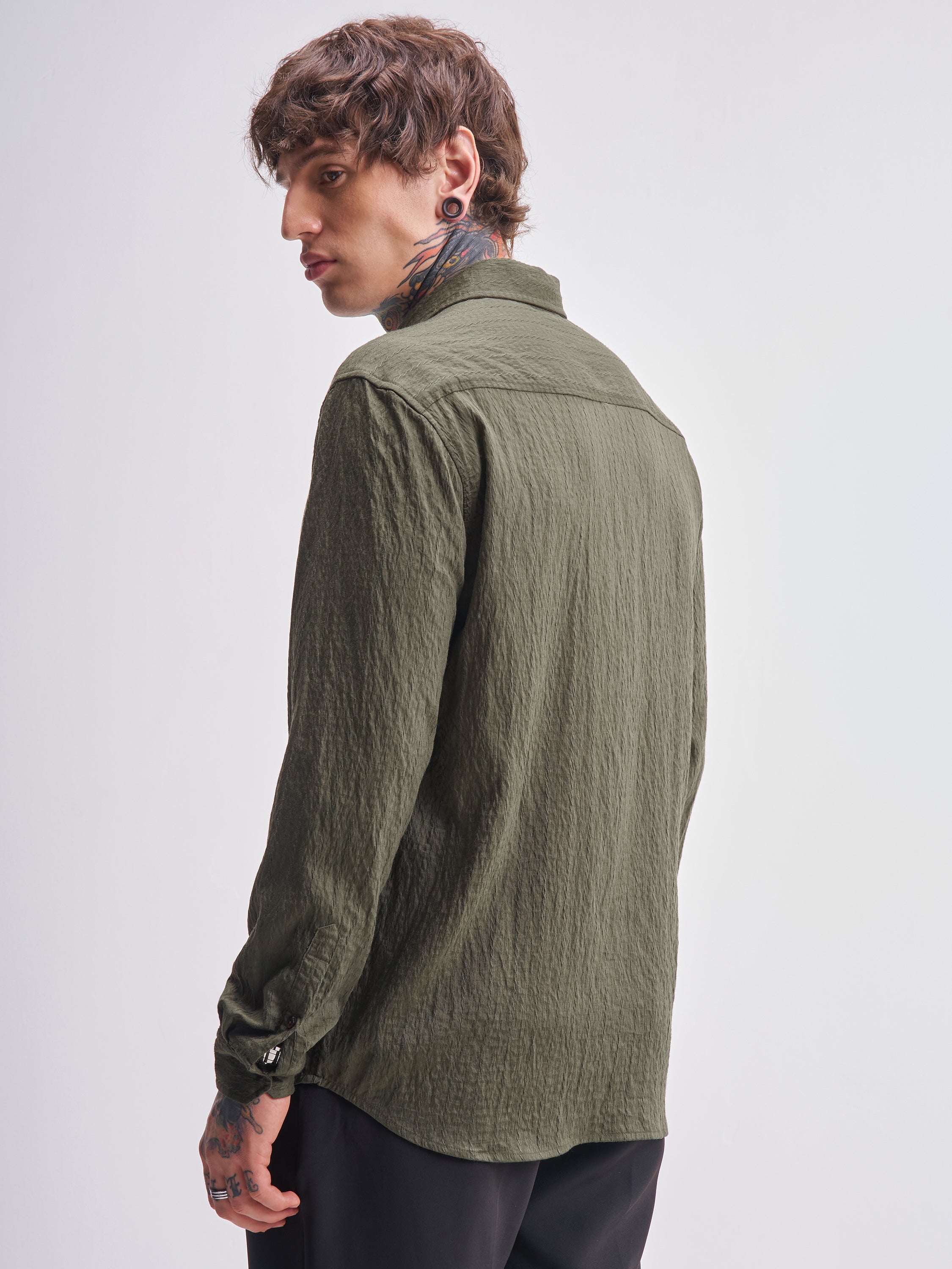 Highlander Men Olive Self Design Relaxed Fit Casual Shirt - Olive - Image 3