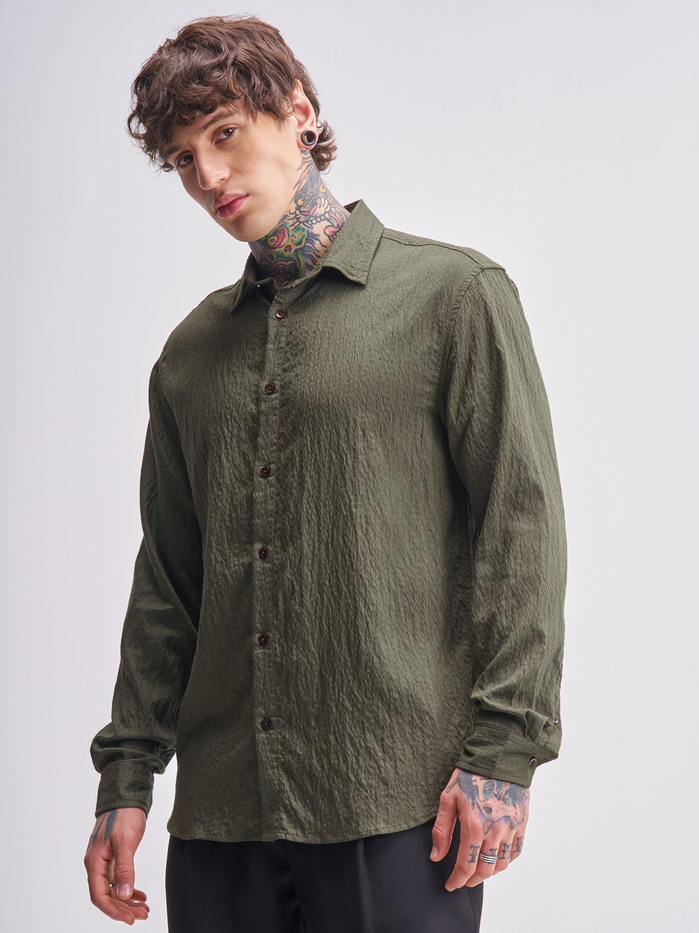 Highlander Men Olive Self Design Relaxed Fit Casual Shirt - Olive - Image 4