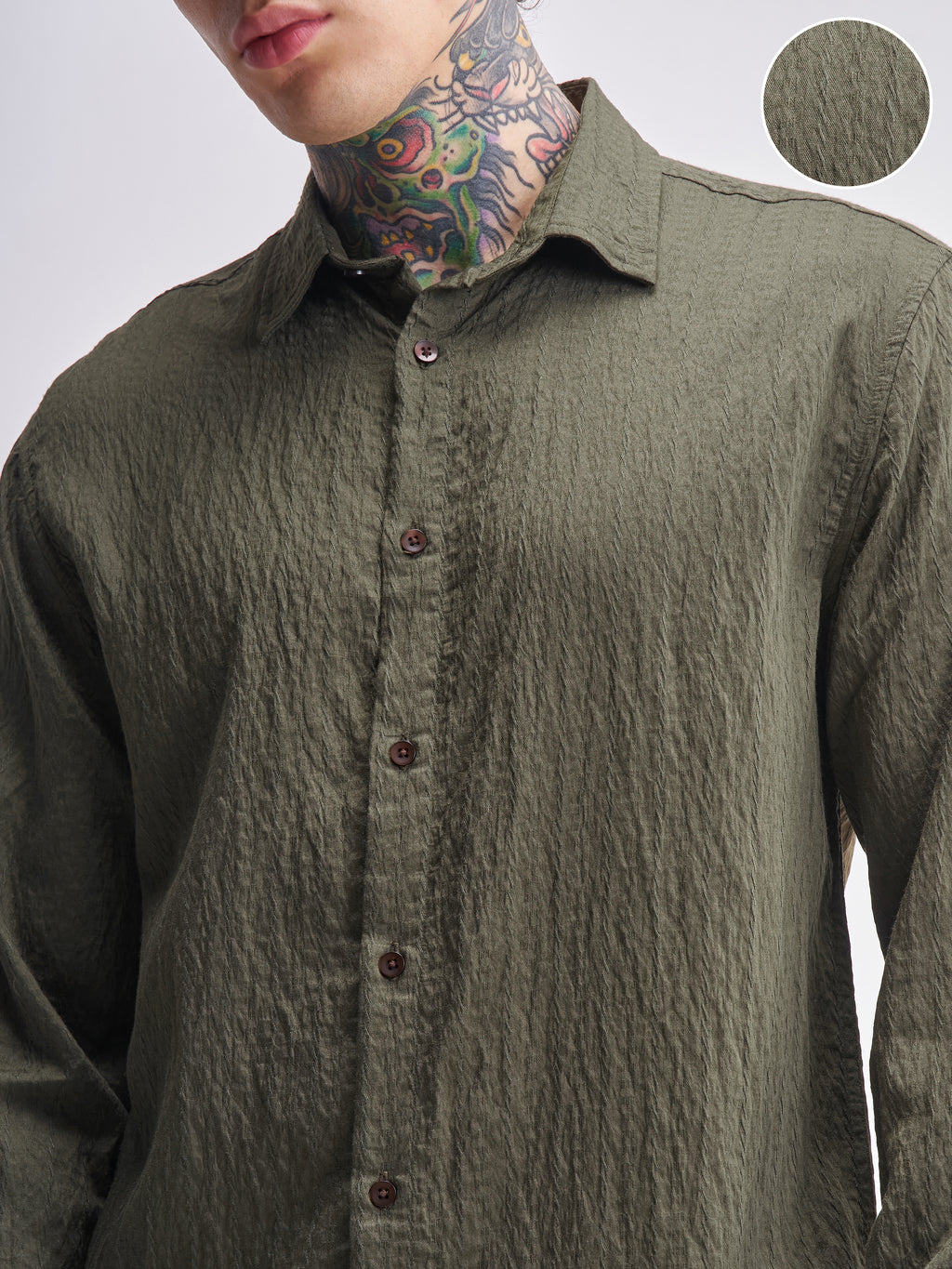 Highlander Men Olive Self Design Relaxed Fit Casual Shirt - Olive - Image 5