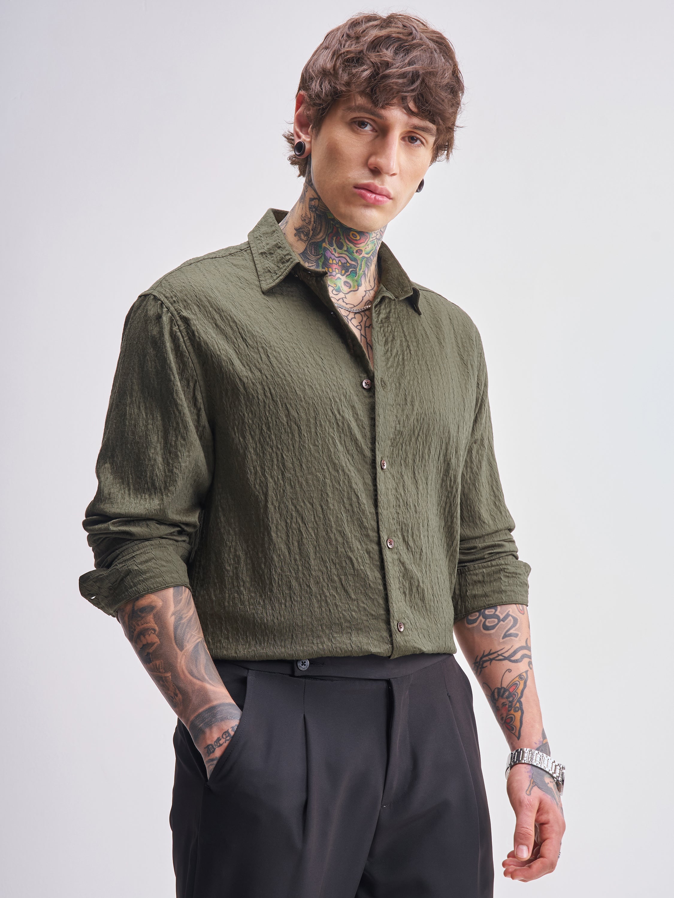 Highlander Men Olive Self Design Relaxed Fit Casual Shirt - Olive - Image 6
