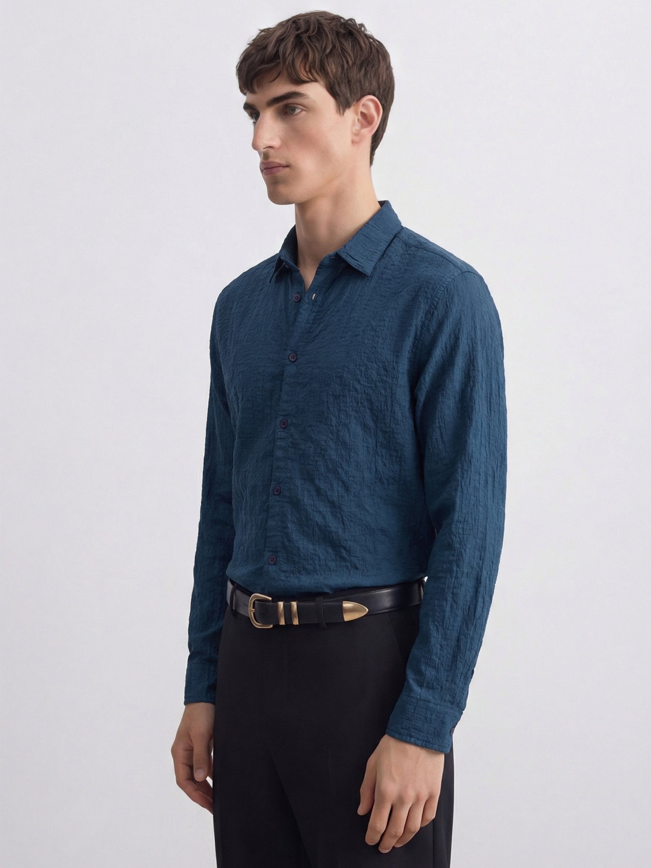 Highlander Men Blue Self Design Relaxed Fit Casual Shirt - Blue - Image 4
