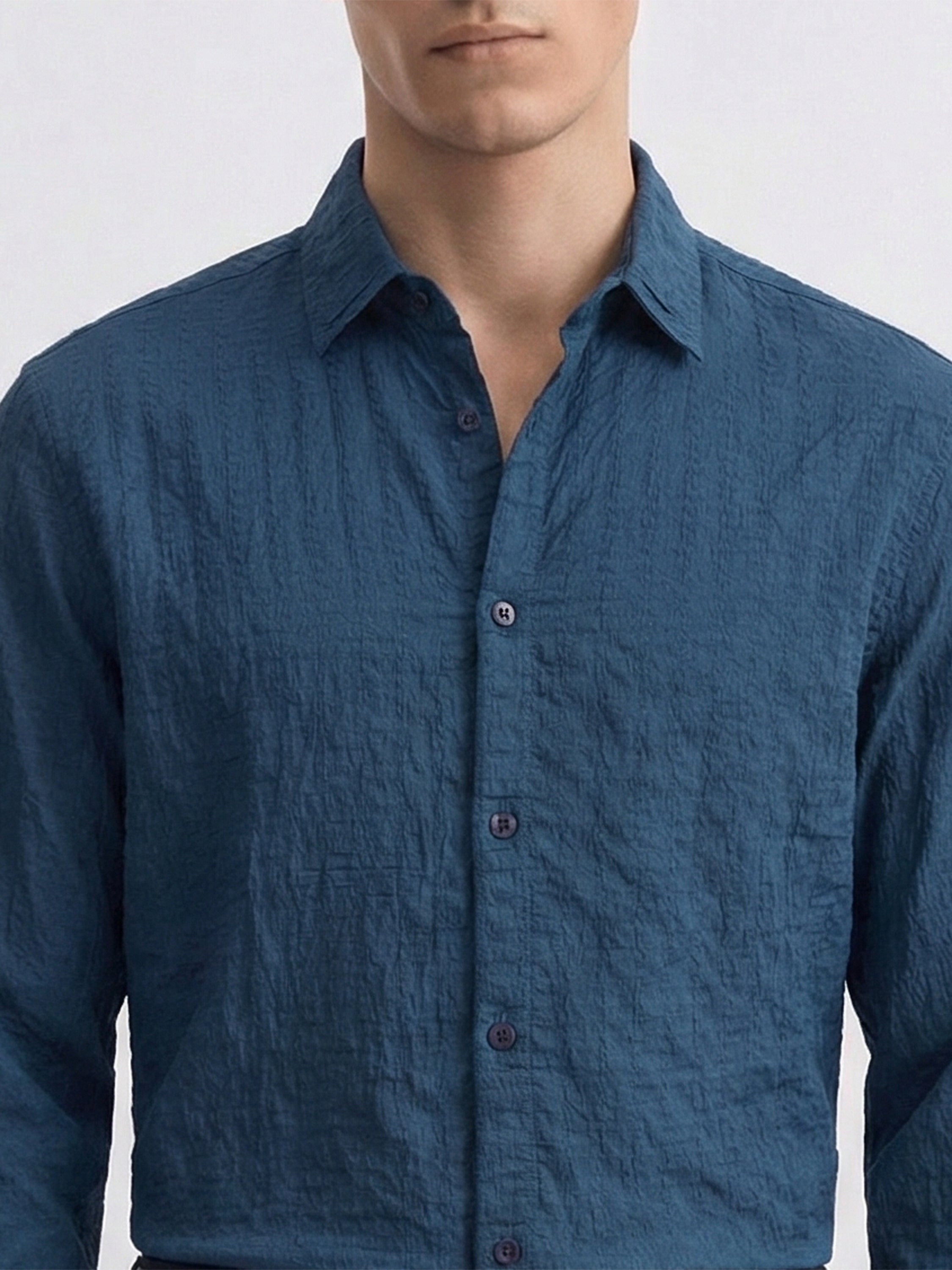Highlander Men Blue Self Design Relaxed Fit Casual Shirt - Blue - Image 5