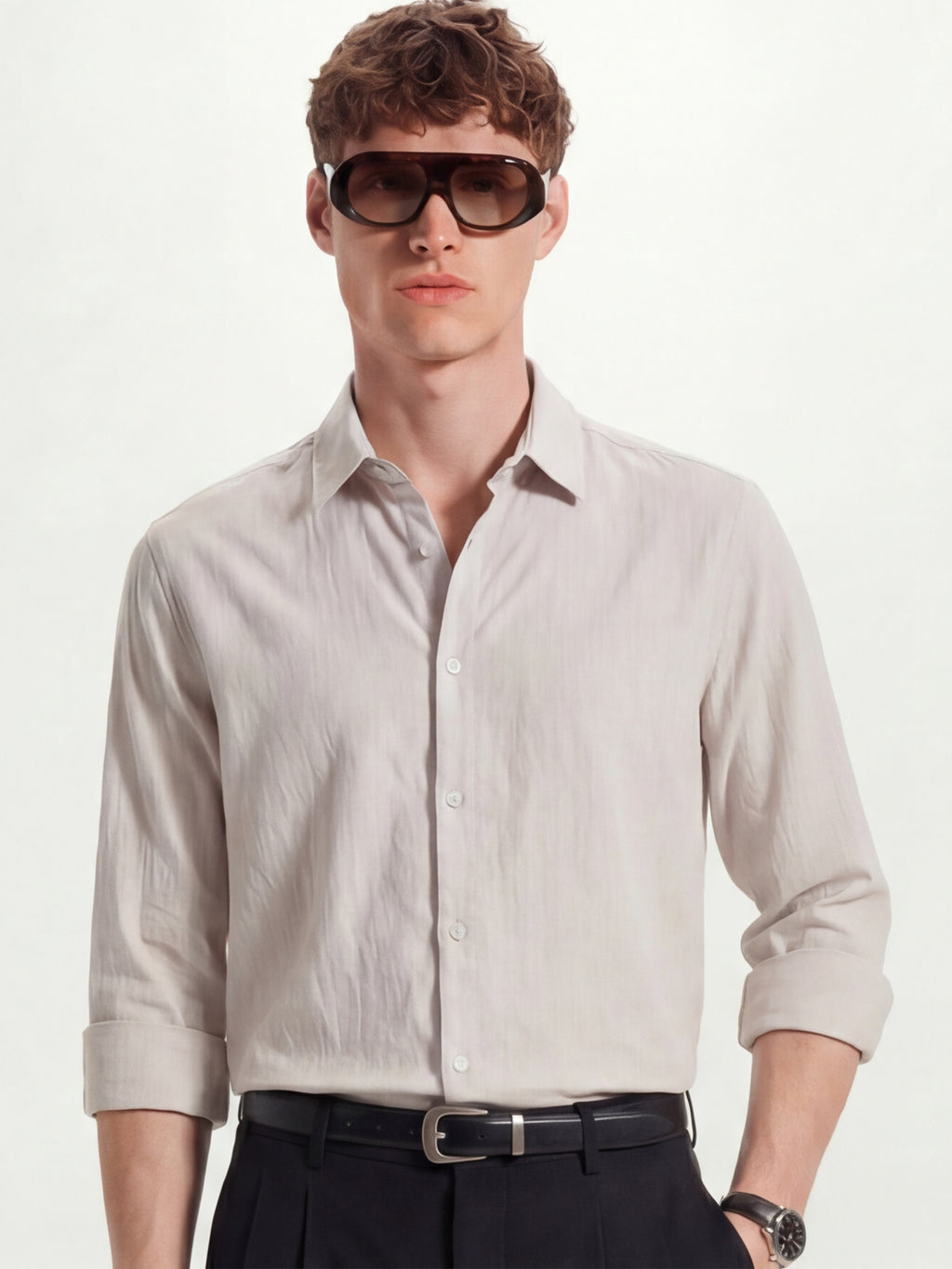 Highlander Men Cream Solid Relaxed Fit Casual Shirt - Cream - Image 1