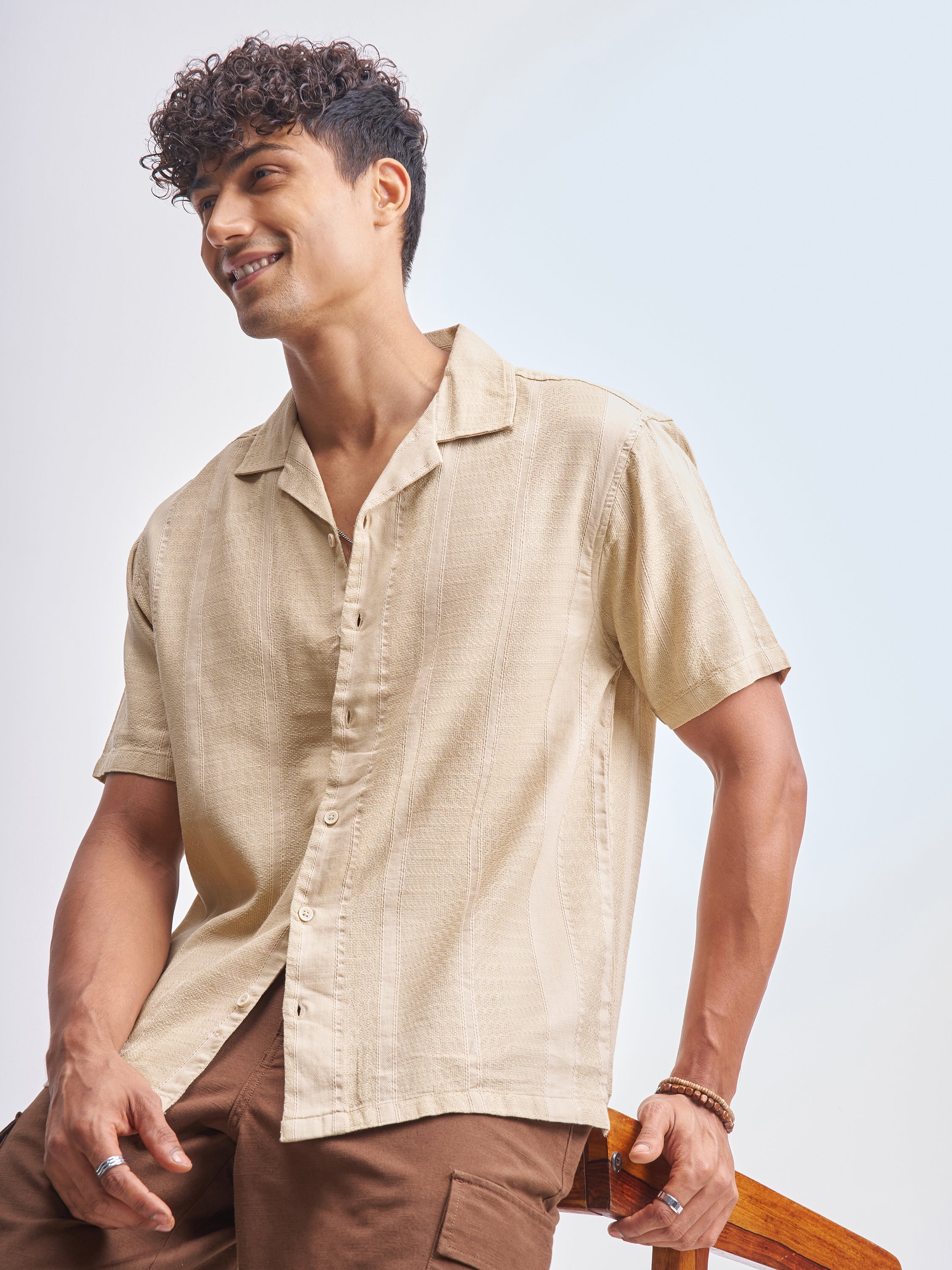 Highlander Men Beige Self Design Relaxed Fit Casual Shirt - Beige - Image 1