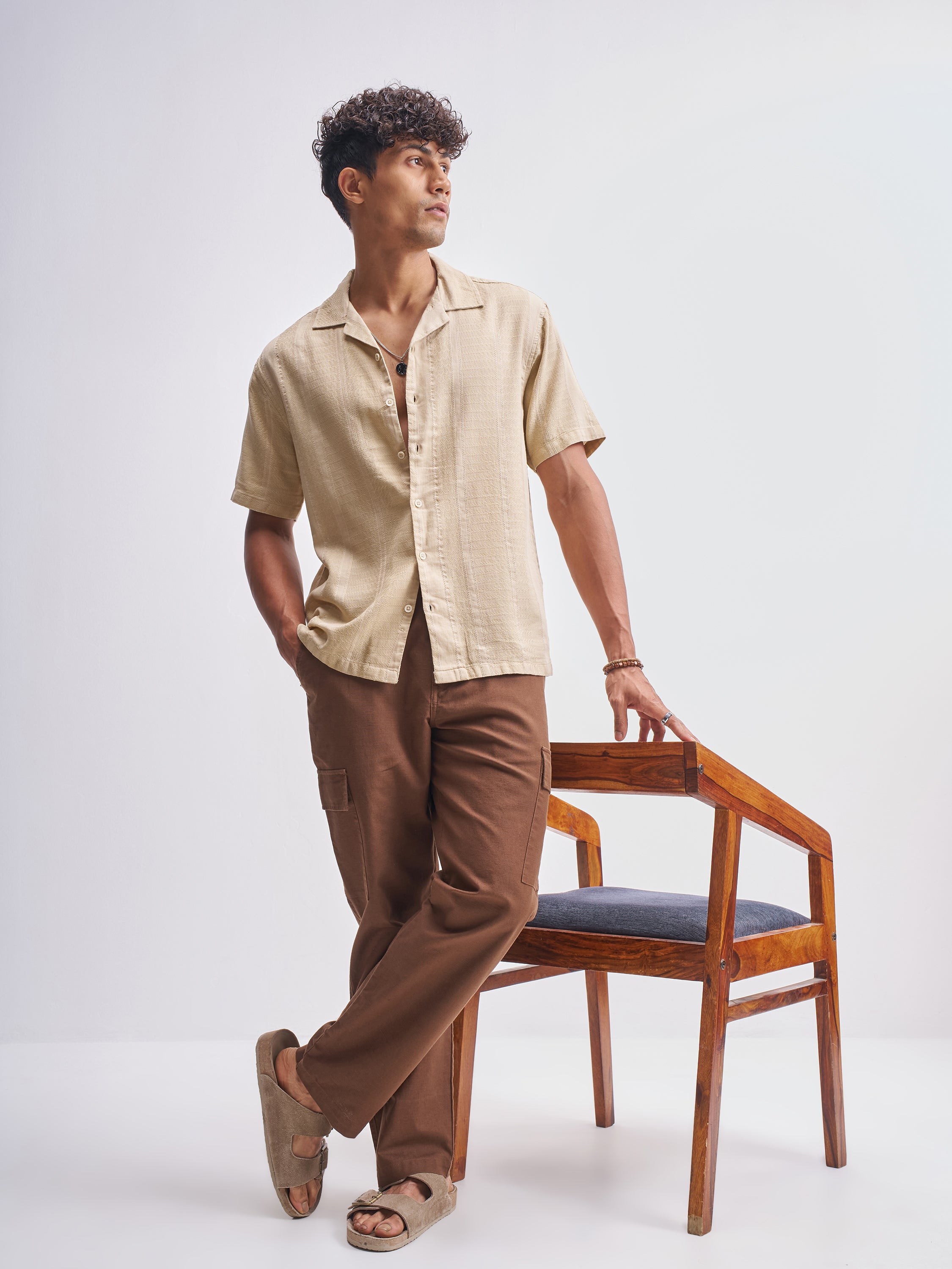 Highlander Men Beige Self Design Relaxed Fit Casual Shirt - Beige - Image 2