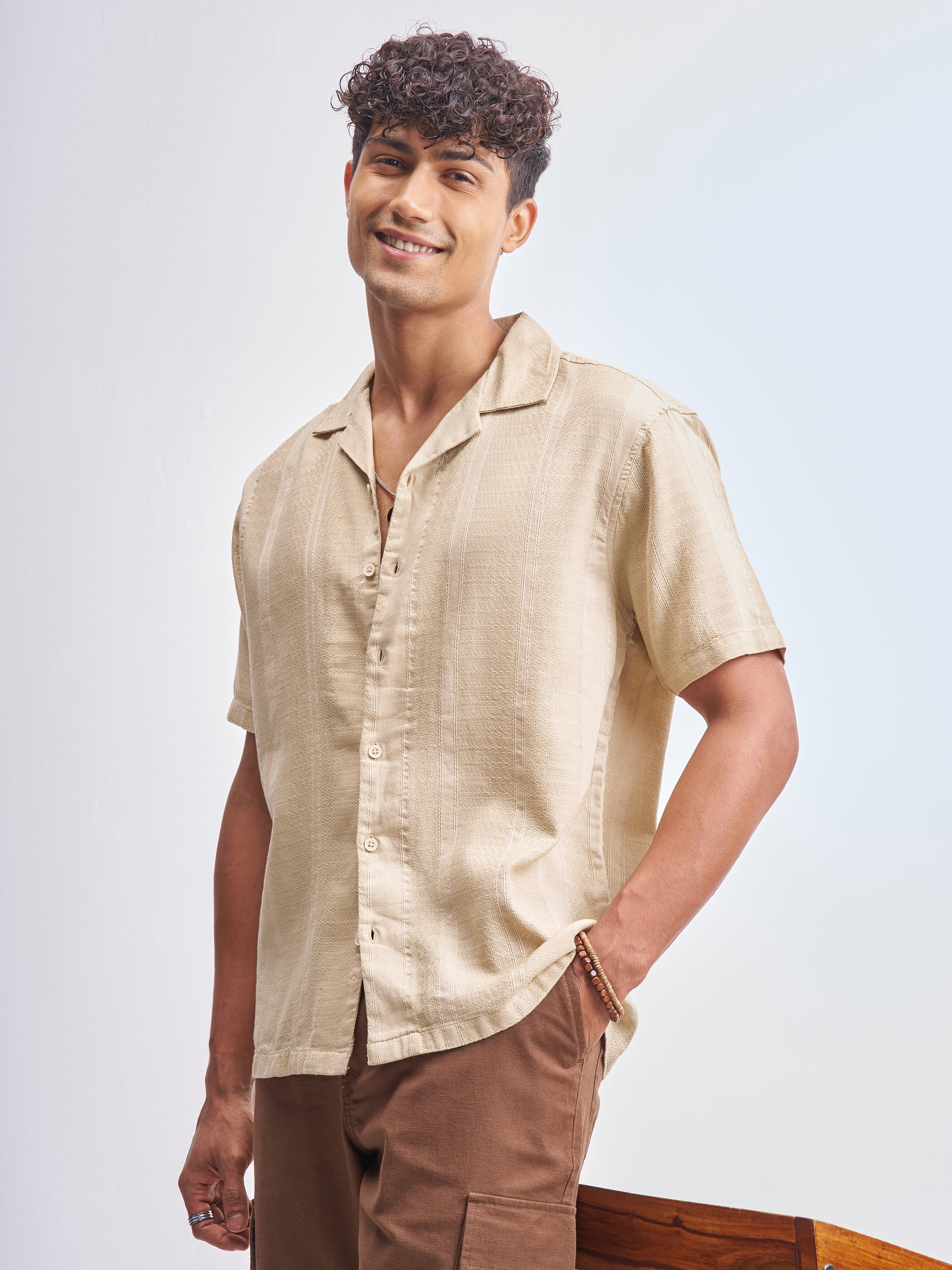 Highlander Men Beige Self Design Relaxed Fit Casual Shirt - Beige - Image 4