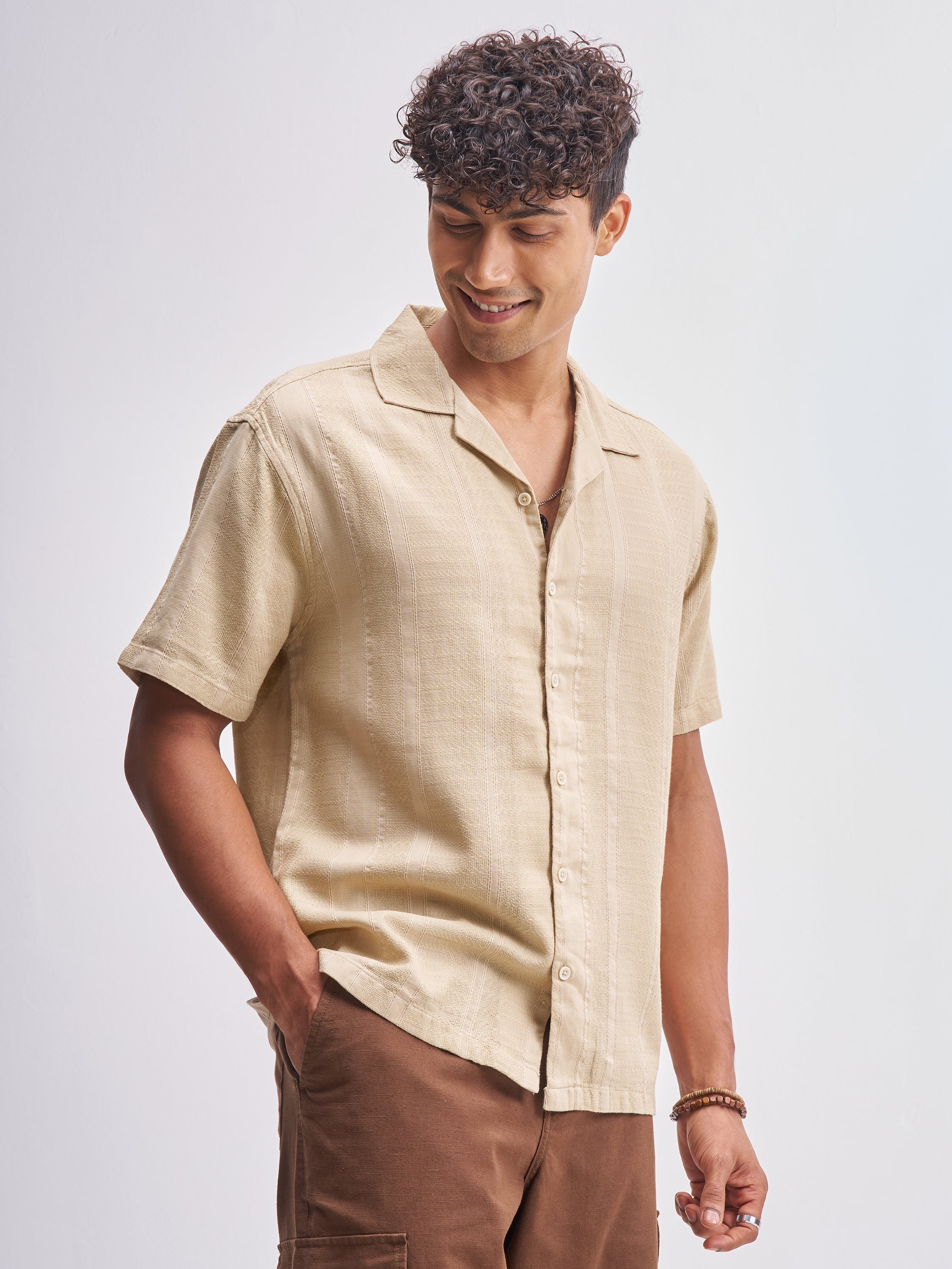 Highlander Men Beige Self Design Relaxed Fit Casual Shirt - Beige - Image 6