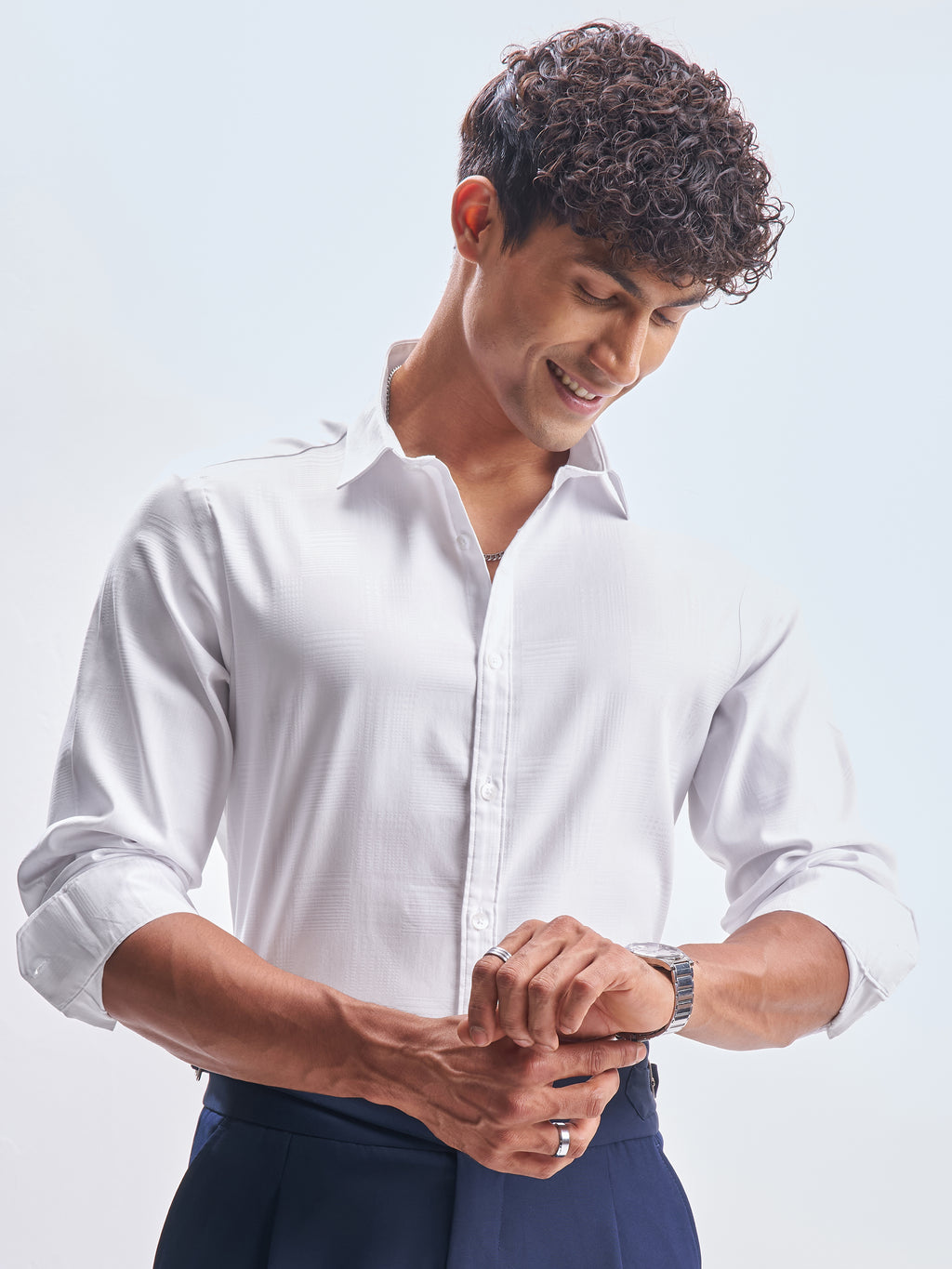 Highlander Men White Self Design Slim Fit Casual Shirt - White - Image 1