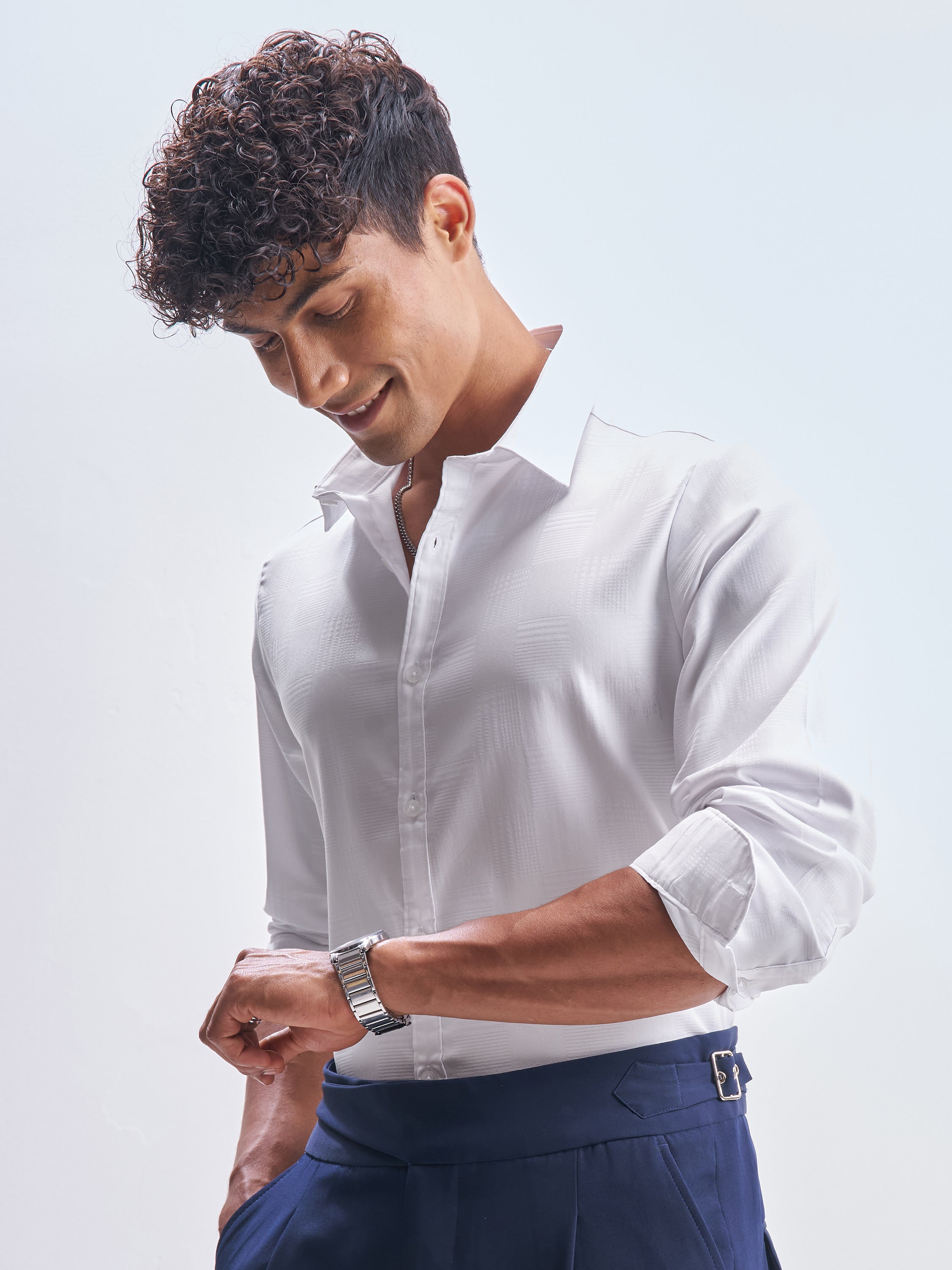 Highlander Men White Self Design Slim Fit Casual Shirt - White - Image 4