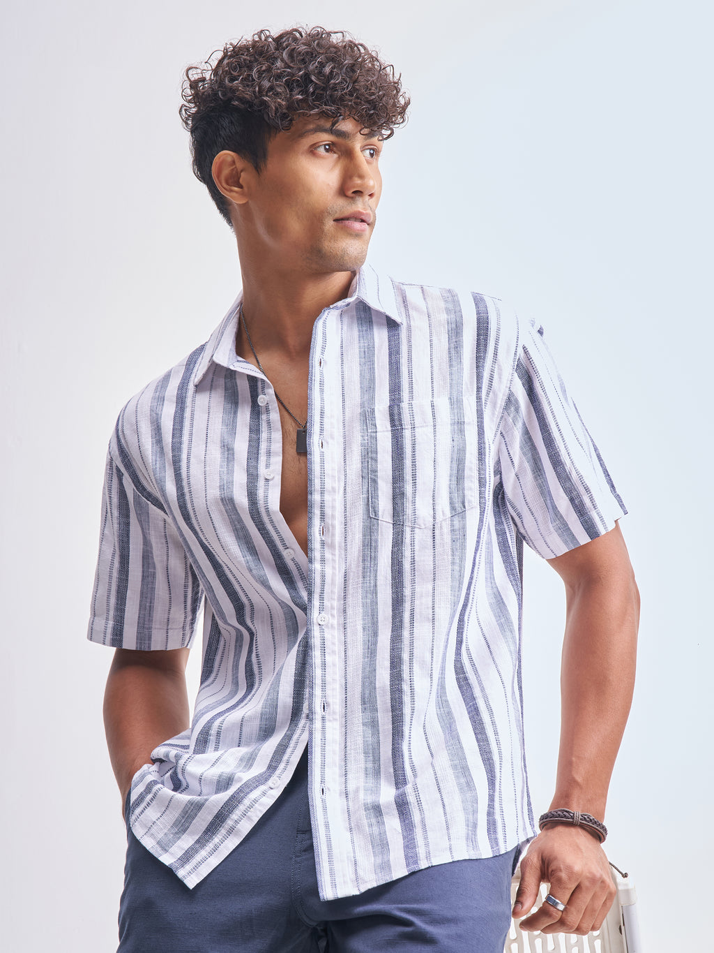 Highlander Men White Striped Relaxed Fit Casual Shirt - White - Image 1