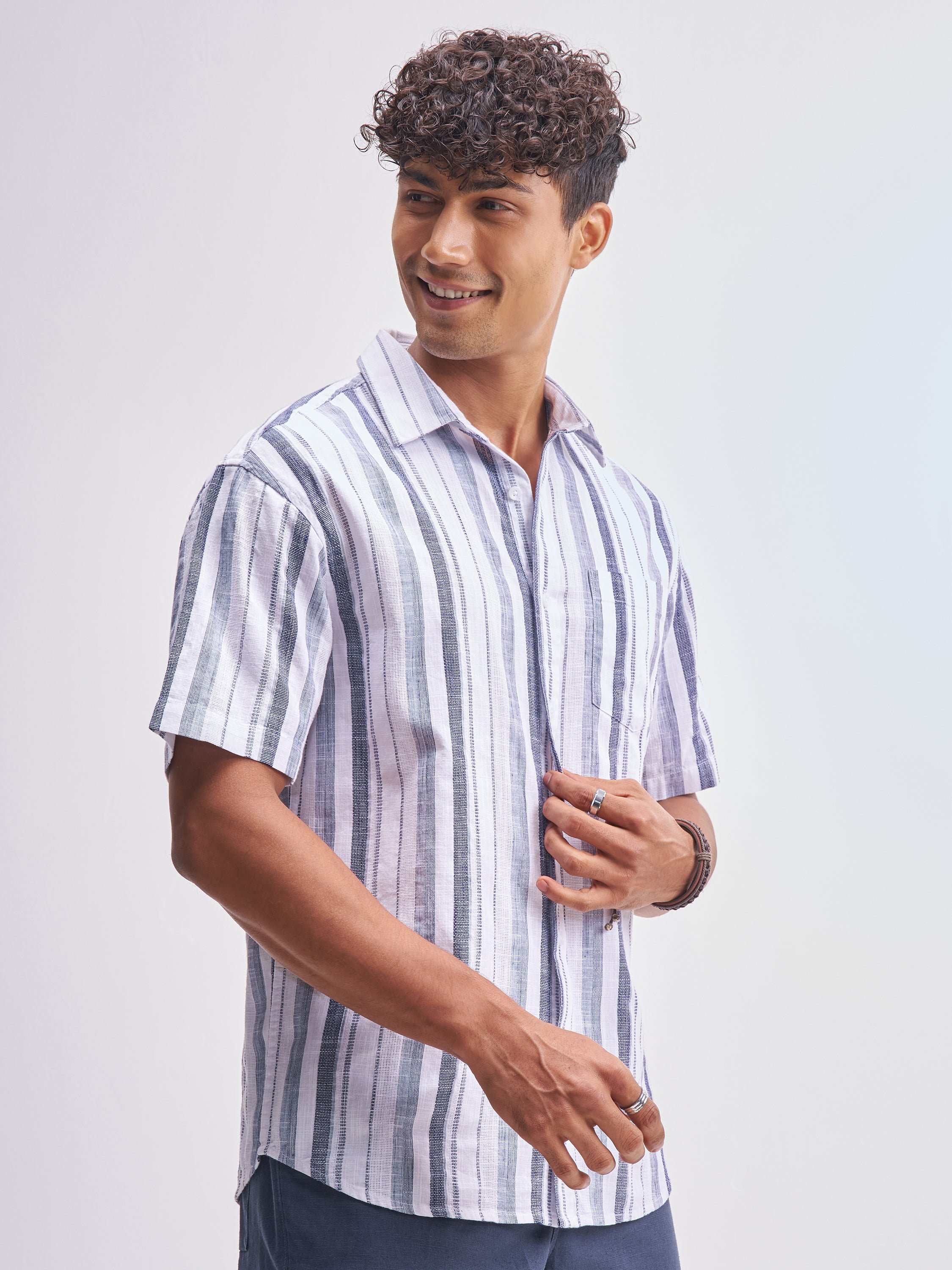 Highlander Men White Striped Relaxed Fit Casual Shirt - White - Image 6