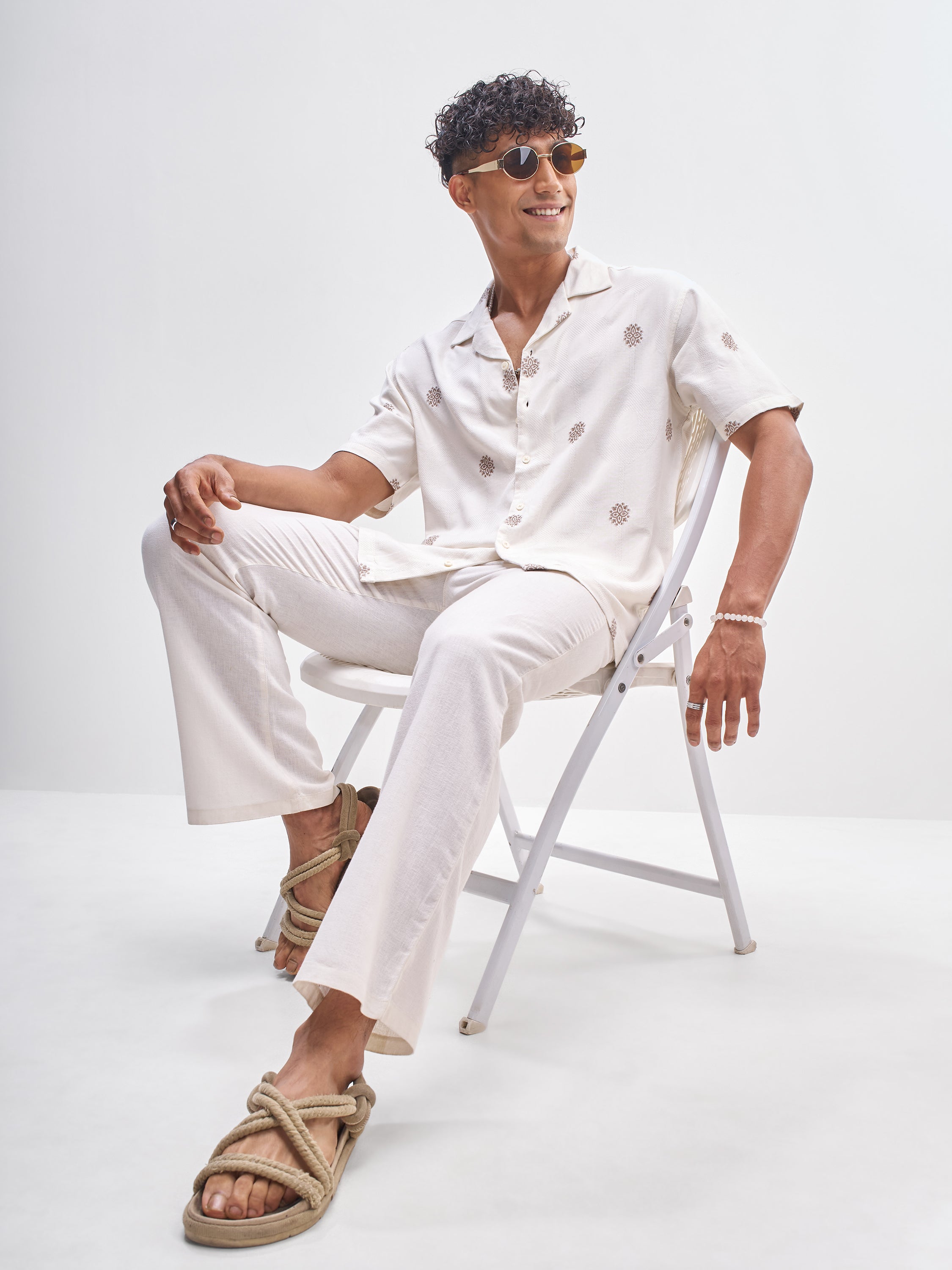 Highlander Men Cream Embroidered Relaxed Fit Casual Shirt - Cream - Image 2