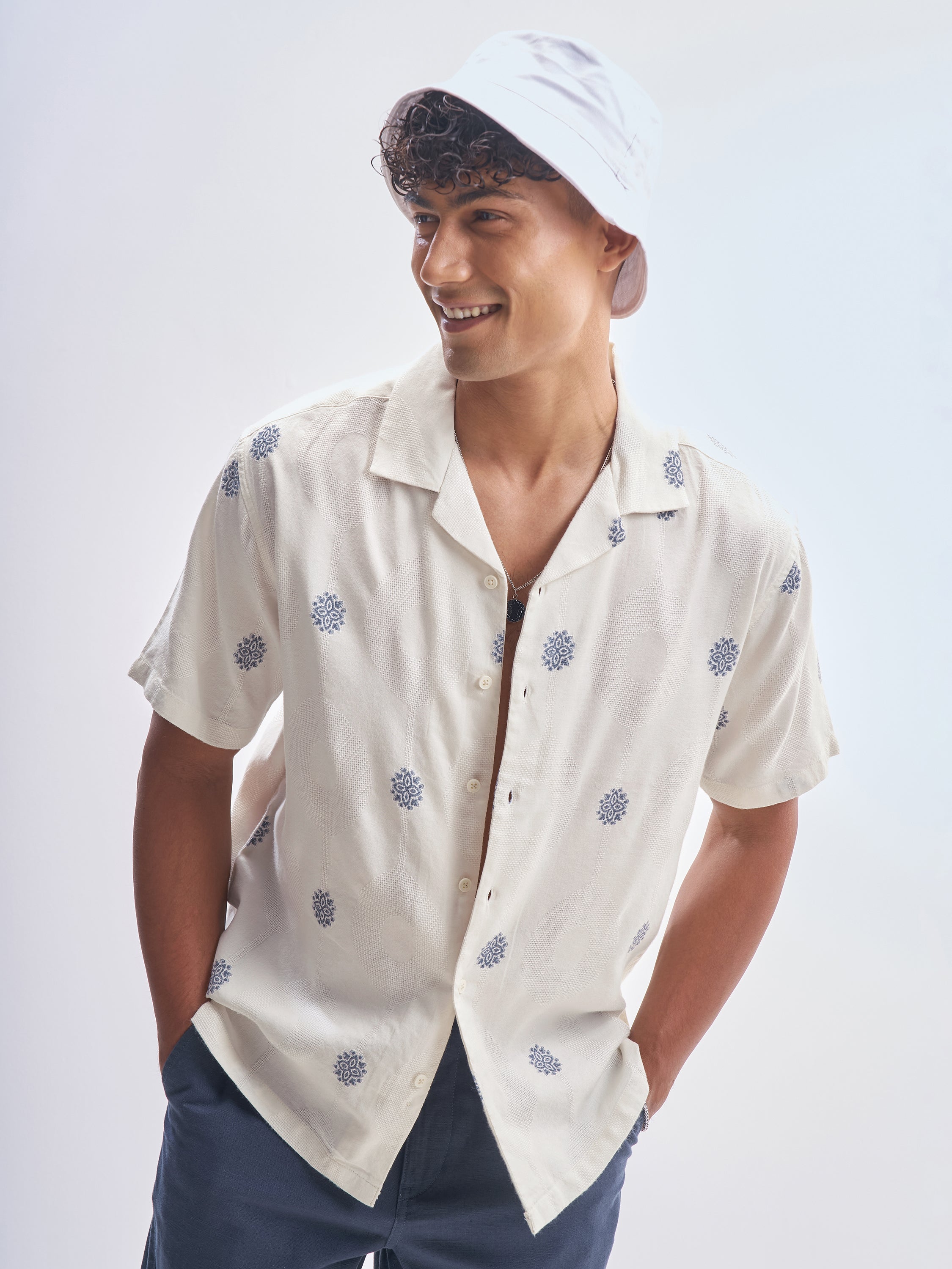 Highlander Men White Embroidered Relaxed Fit Casual Shirt - White - Image 1