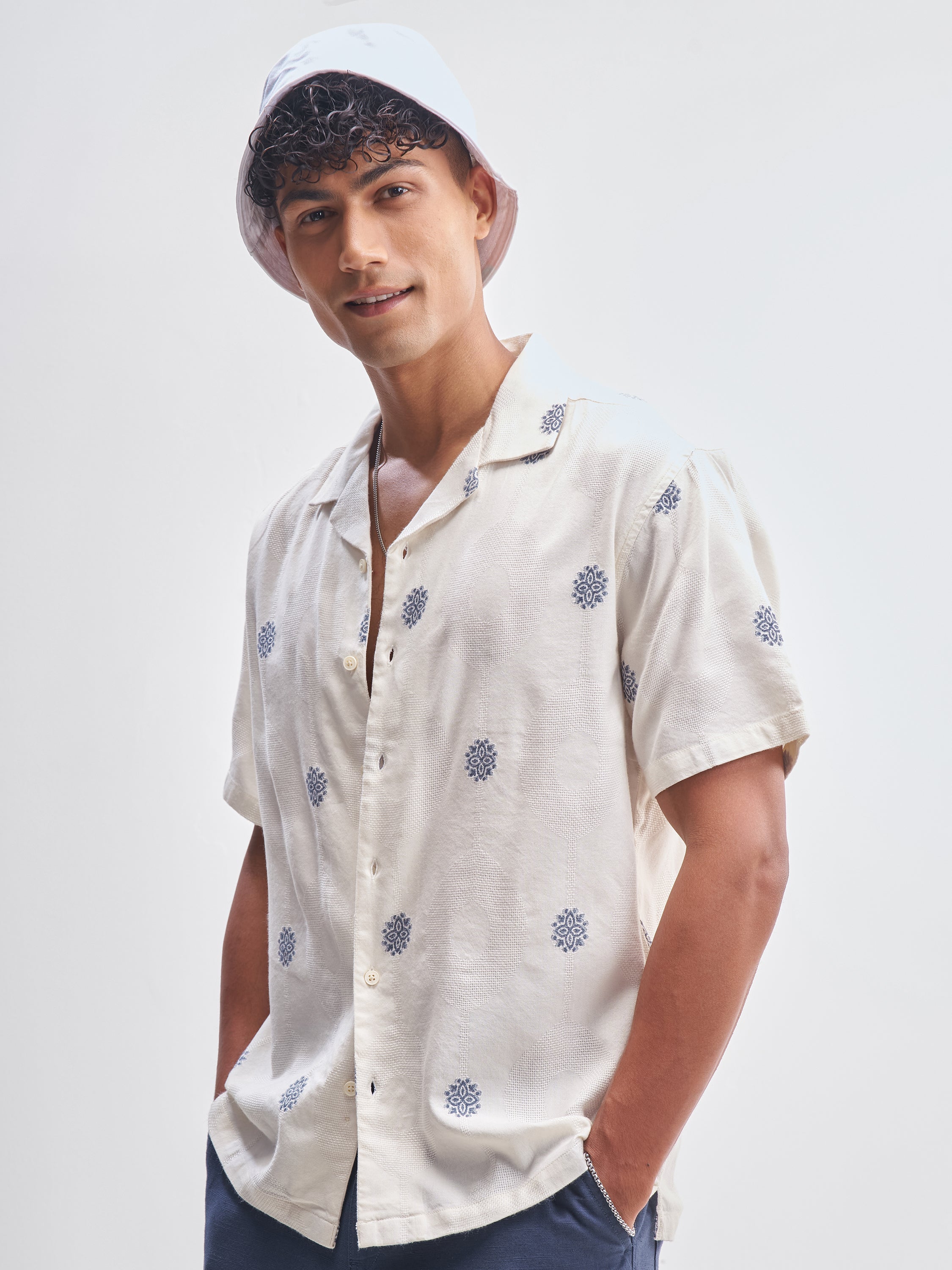 Highlander Men White Embroidered Relaxed Fit Casual Shirt - White - Image 4