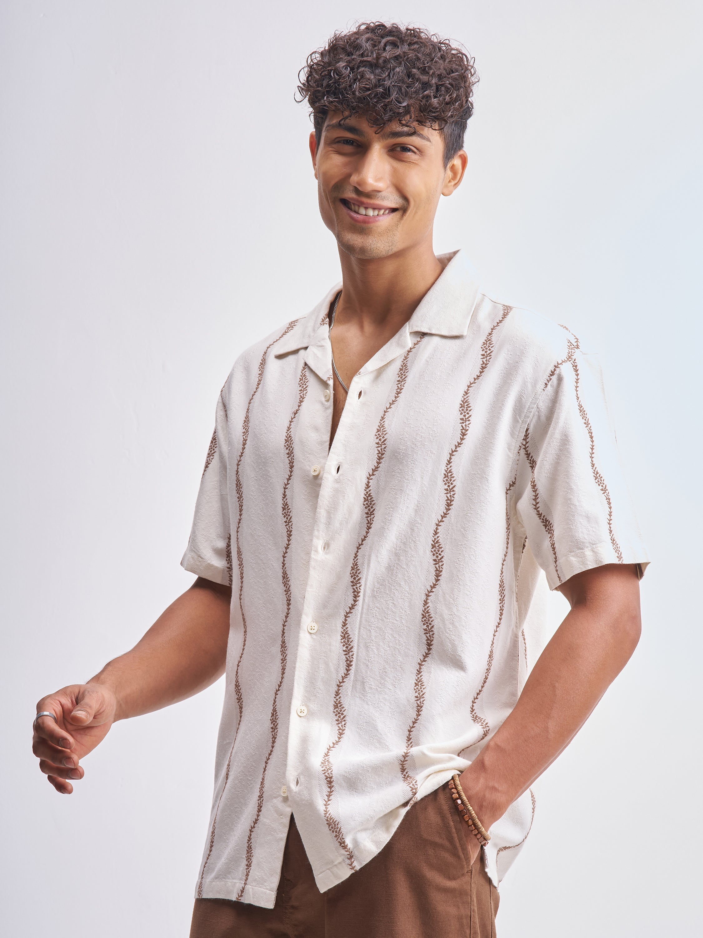Highlander Men Cream Embroidered Relaxed Fit Casual Shirt - Cream - Image 4