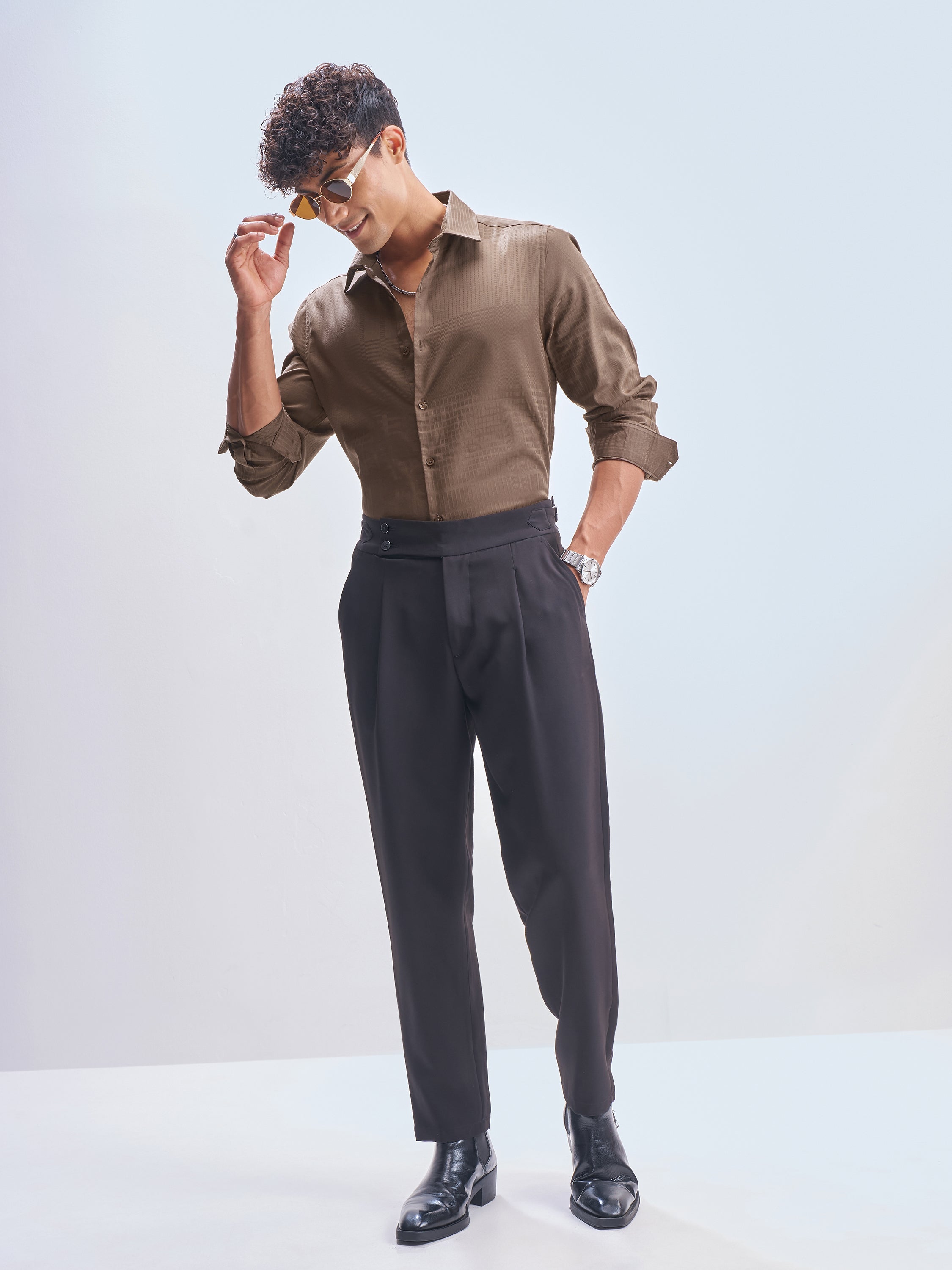 Highlander Men Brown Self Design Slim Fit Casual Shirt - Brown - Image 2