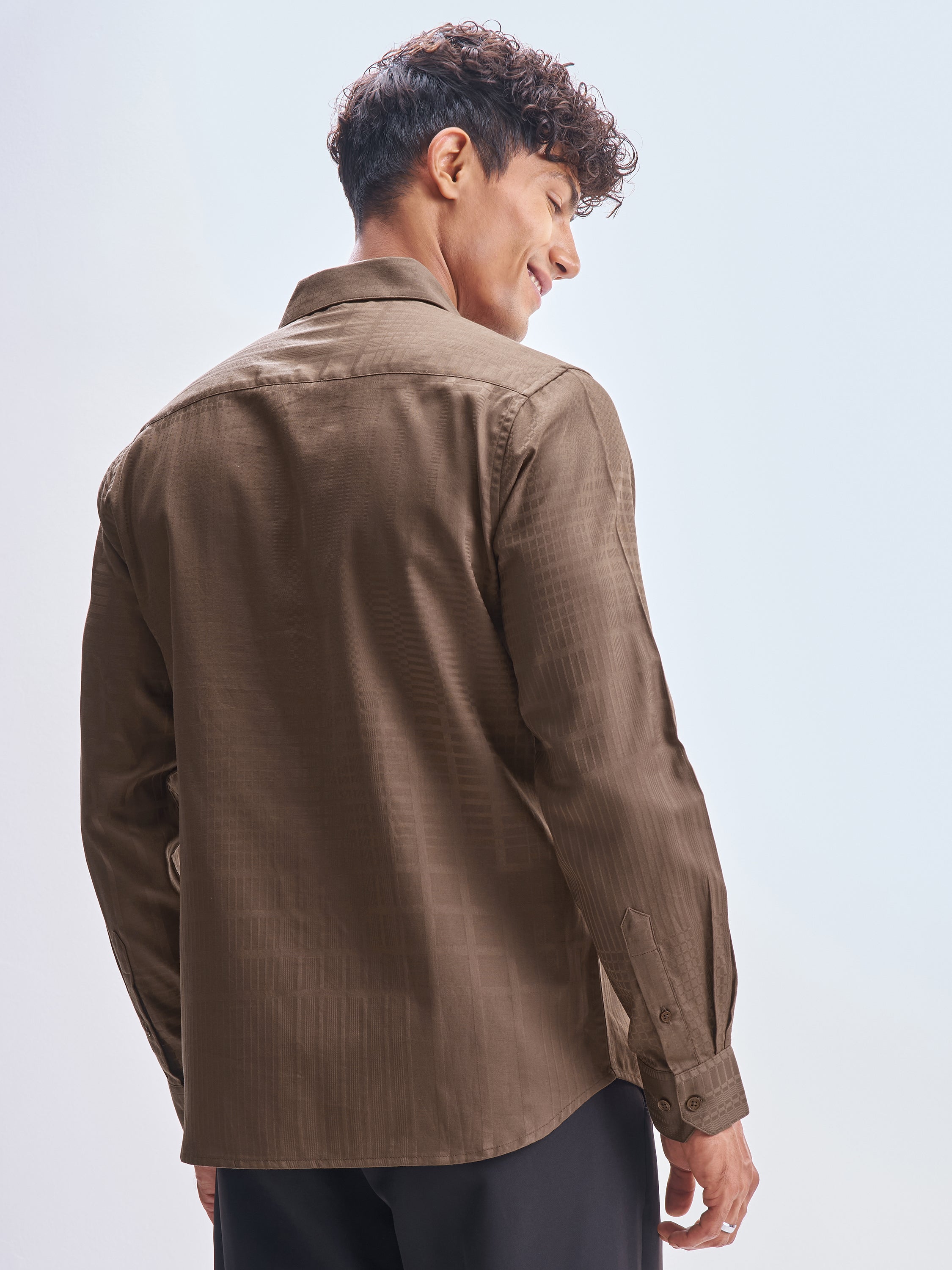 Highlander Men Brown Self Design Slim Fit Casual Shirt - Brown - Image 3