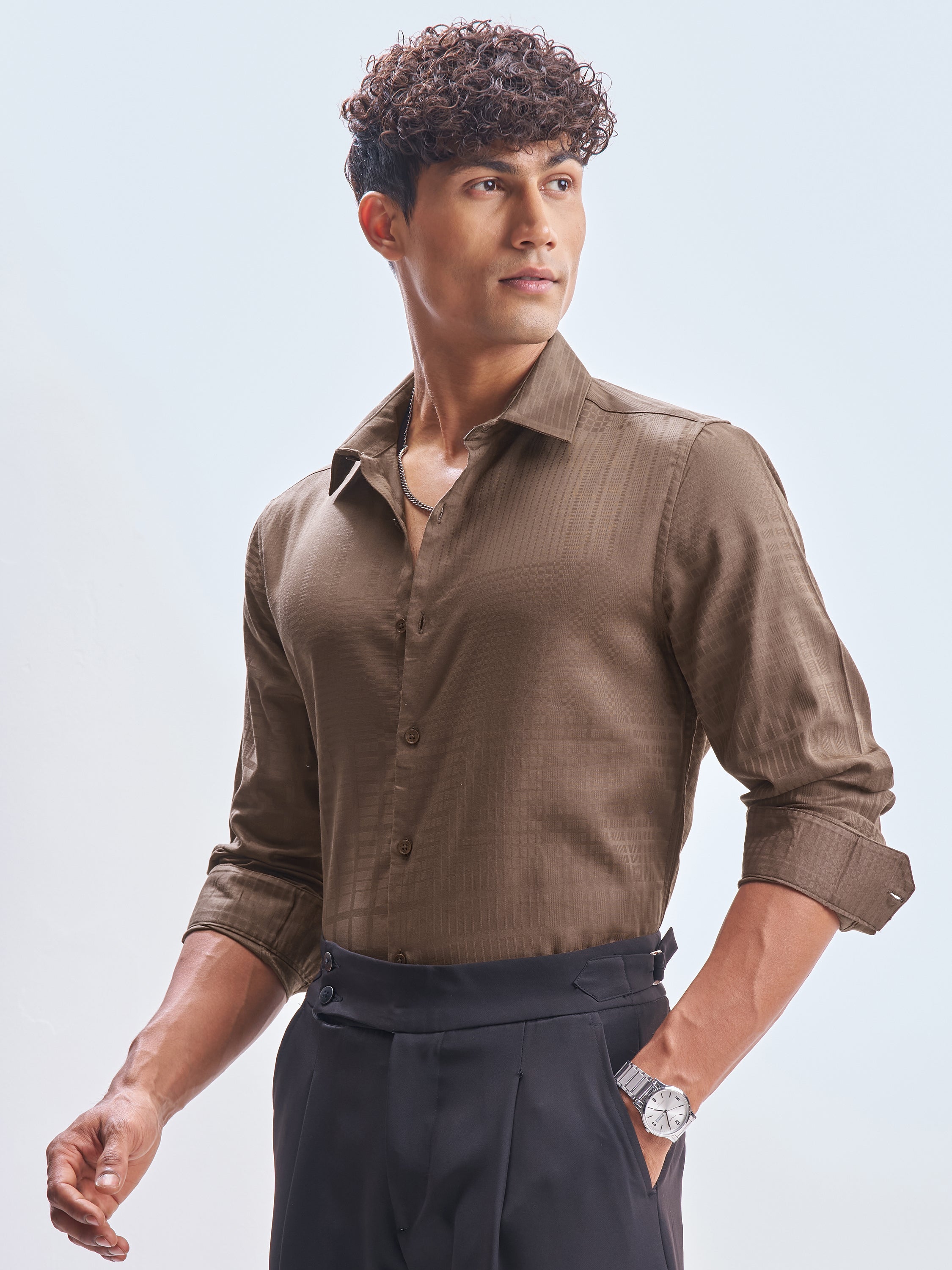 Highlander Men Brown Self Design Slim Fit Casual Shirt - Brown - Image 4