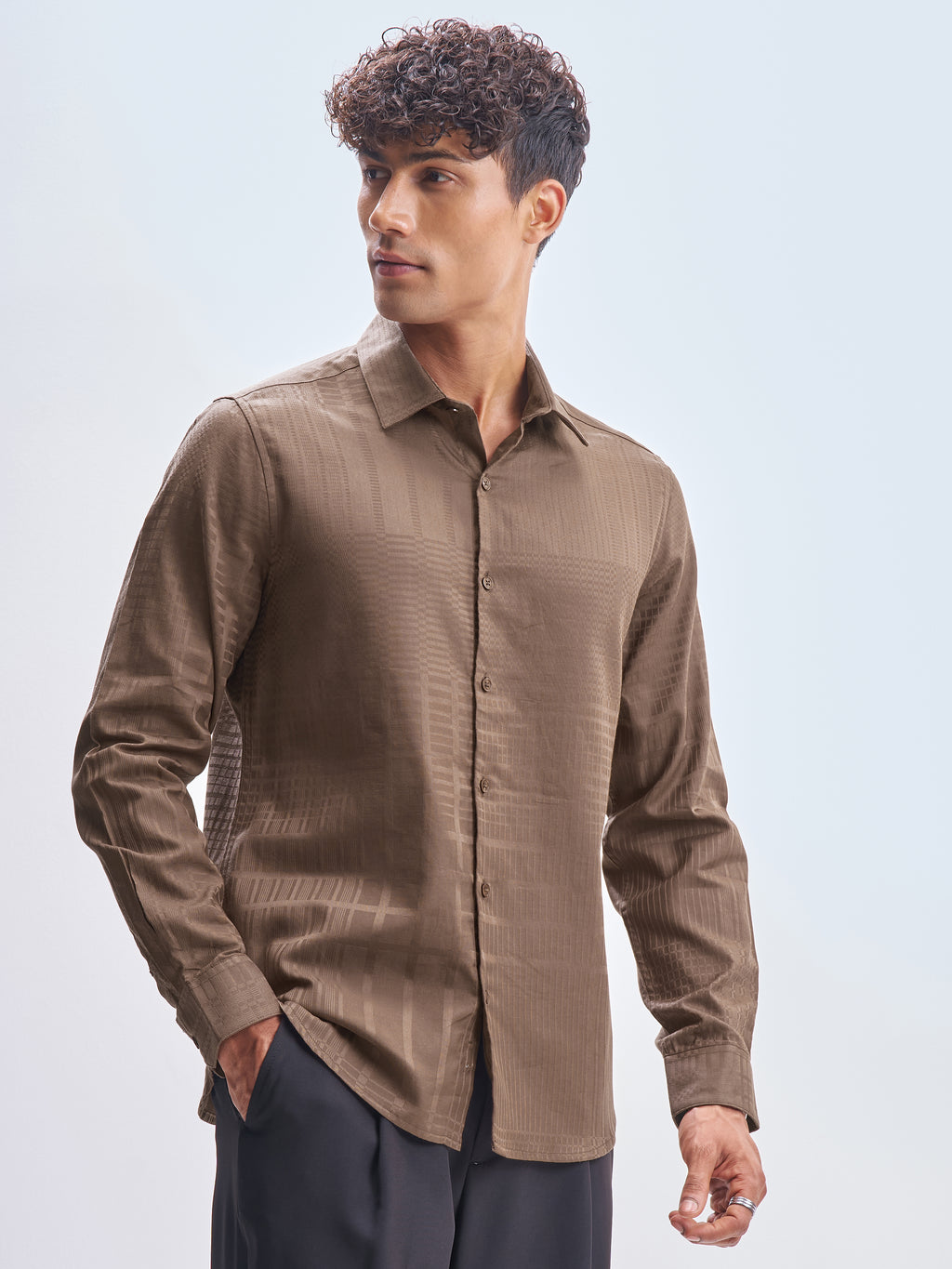 Highlander Men Brown Self Design Slim Fit Casual Shirt - Brown - Image 6