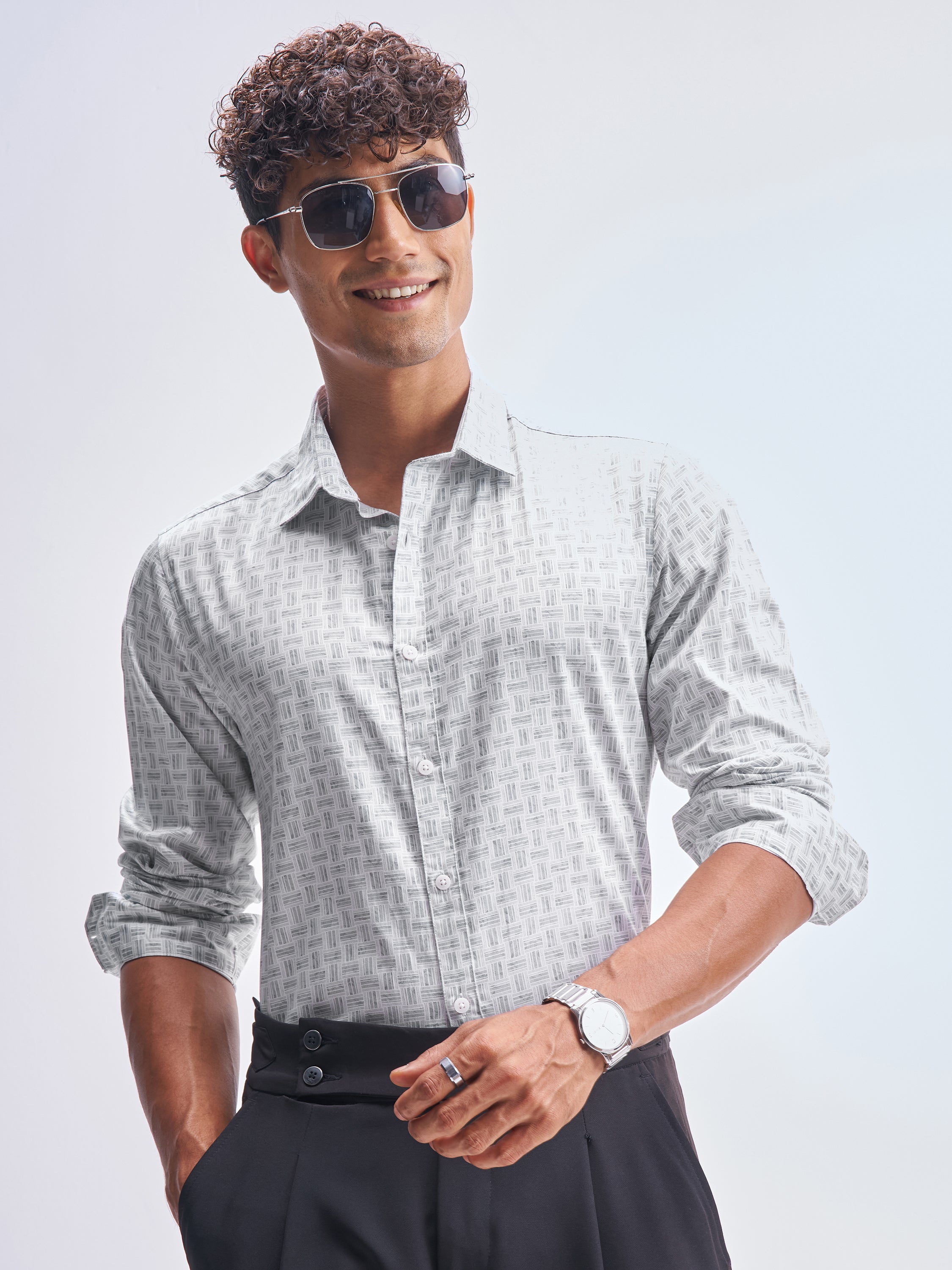 Highlander Men Grey Printed Slim Fit Casual Shirt - Grey - Image 1