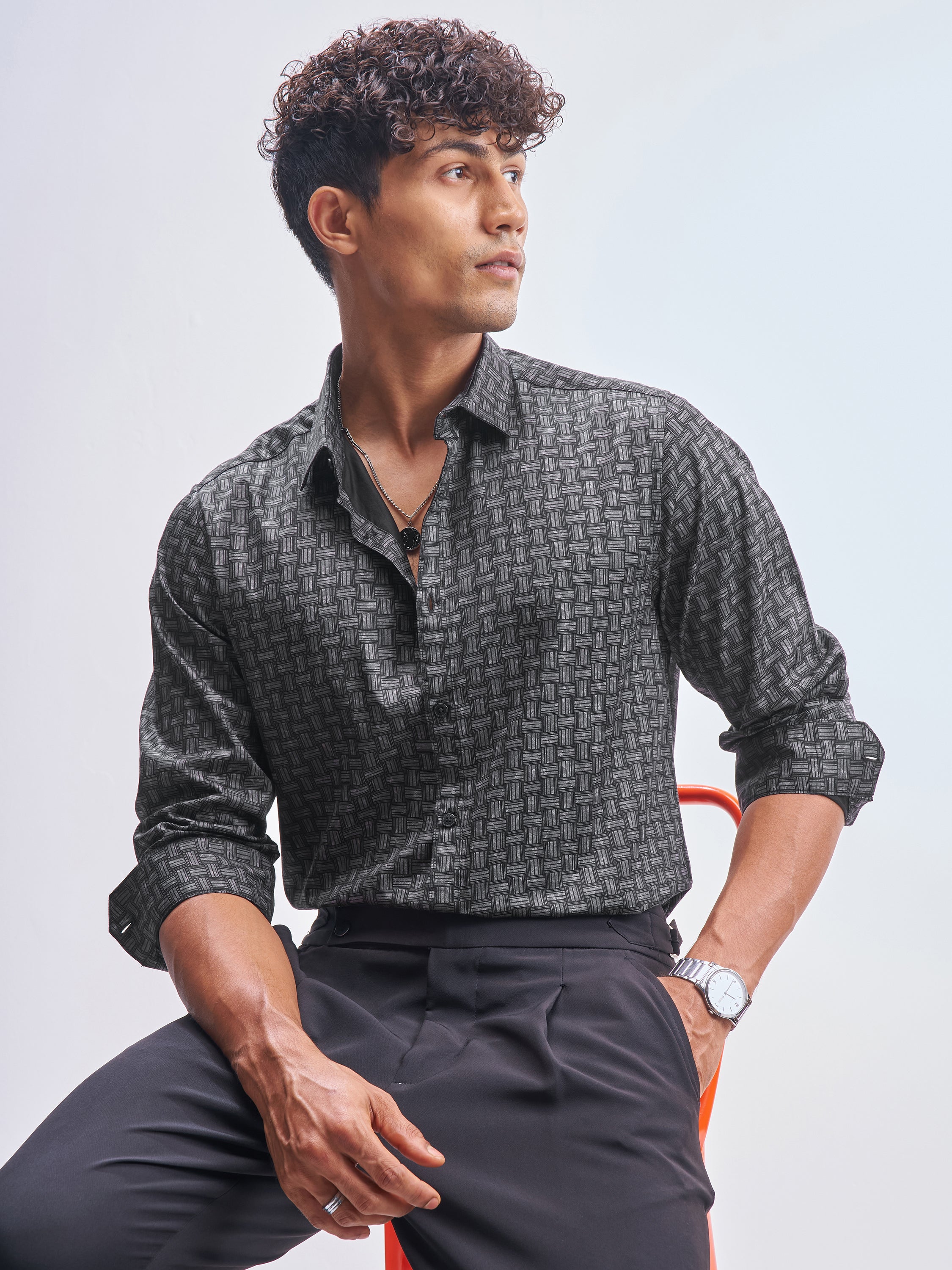 Highlander Men Grey Printed Slim Fit Casual Shirt - Grey - Image 1