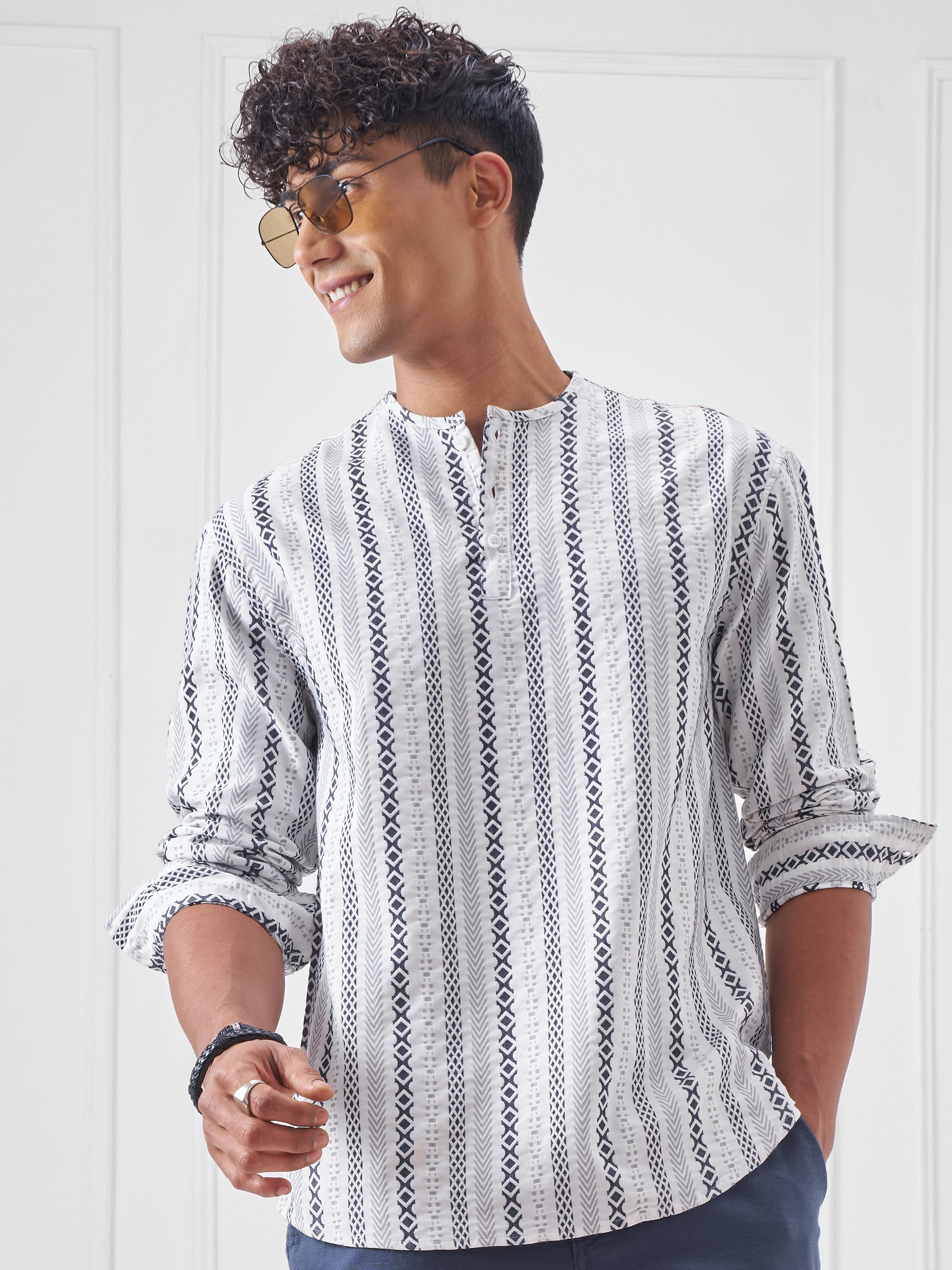Highlander Men Cream Striped Relaxed Fit Casual Shirt - Cream - Image 1