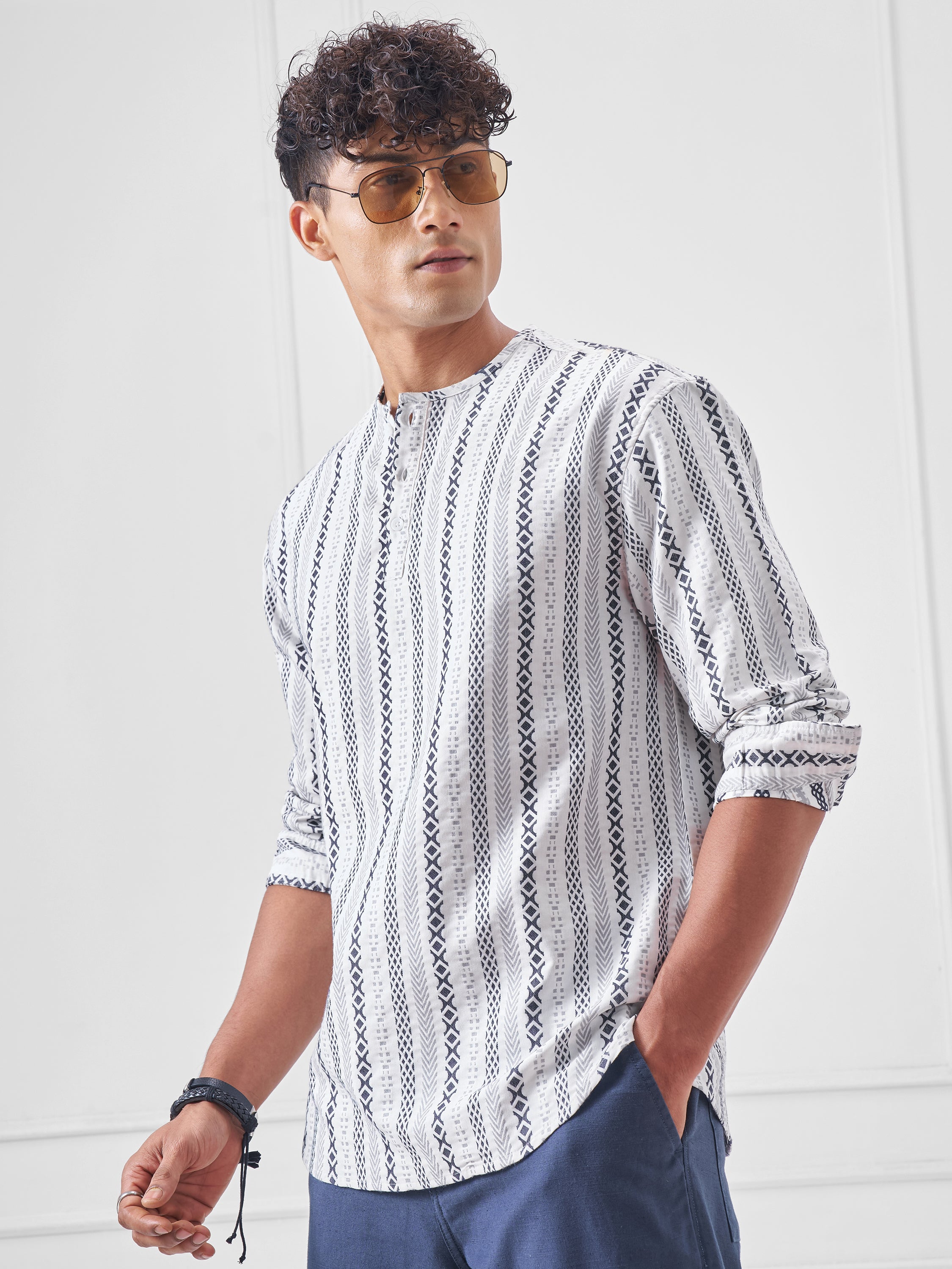 Highlander Men Cream Striped Relaxed Fit Casual Shirt - Cream - Image 4