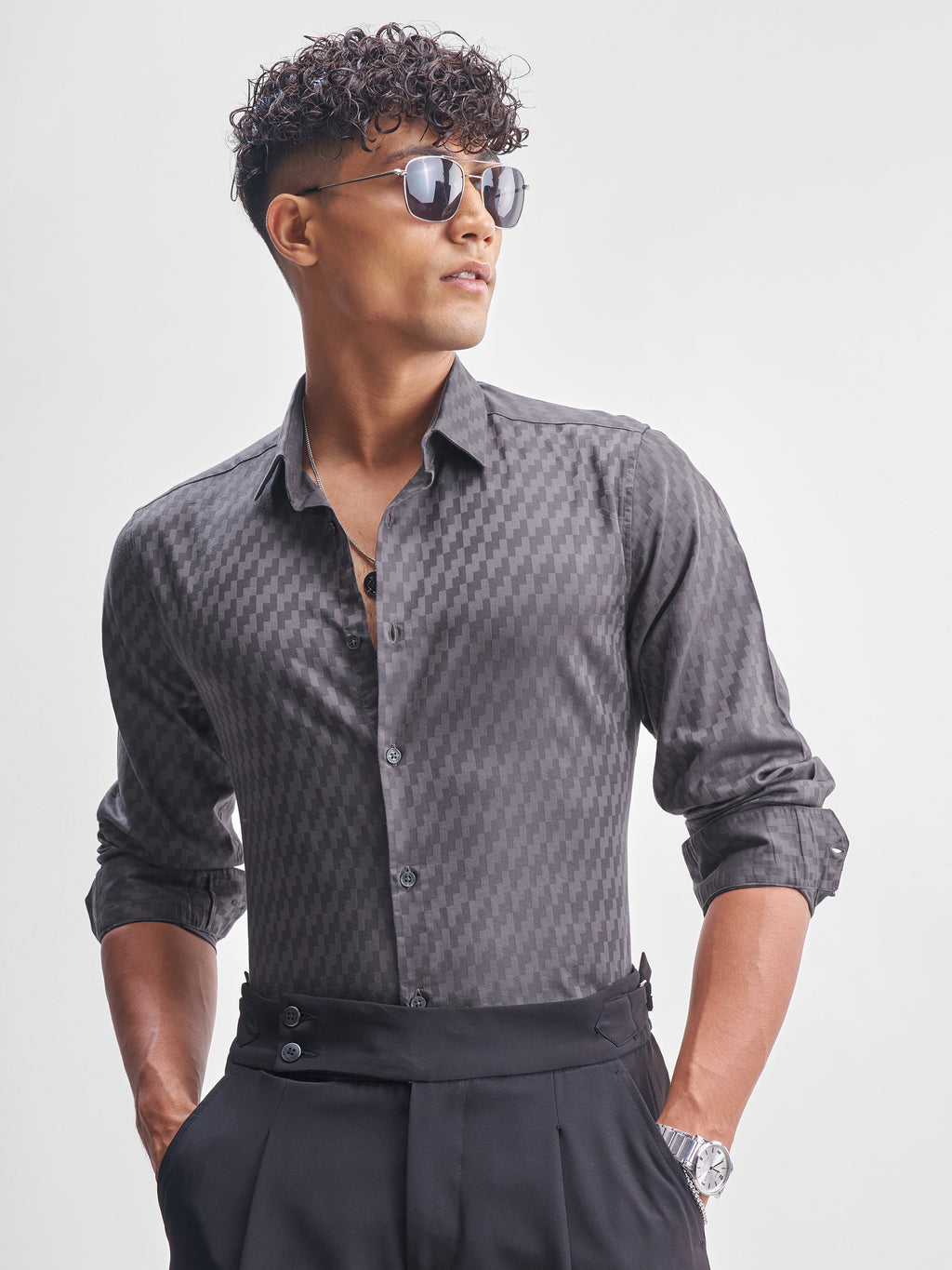 Highlander Men Charcoal Self Design Relaxed Fit Casual Shirt - Charcoal - Image 1