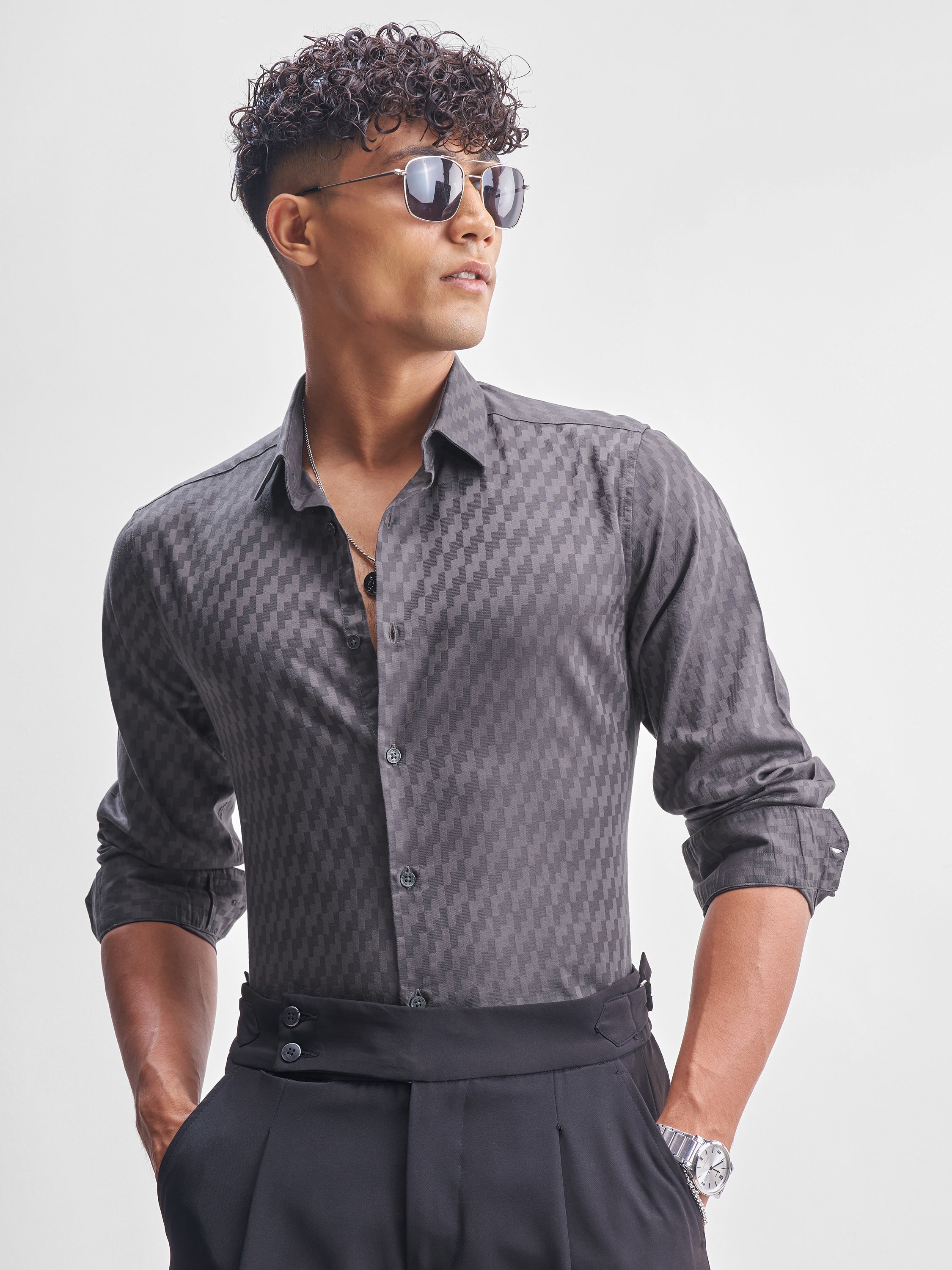 Highlander Men Charcoal Self Design Relaxed Fit Casual Shirt - Charcoal - Image 1