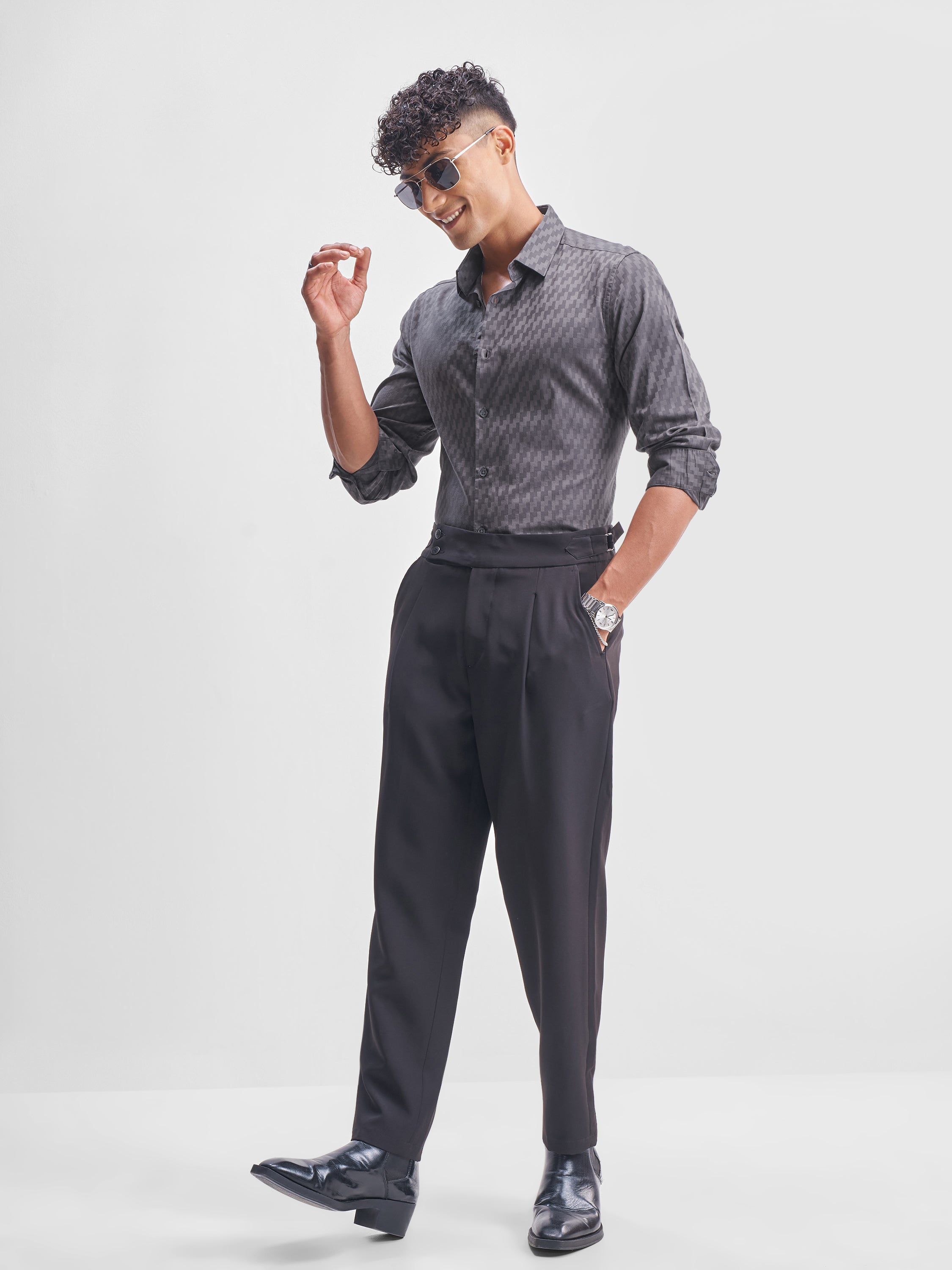 Highlander Men Charcoal Self Design Relaxed Fit Casual Shirt - Charcoal - Image 2