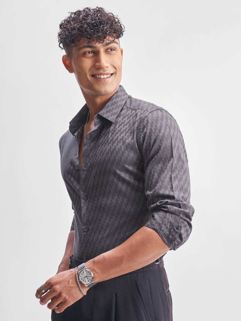 Highlander Men Charcoal Self Design Relaxed Fit Casual Shirt - Charcoal - Image 4