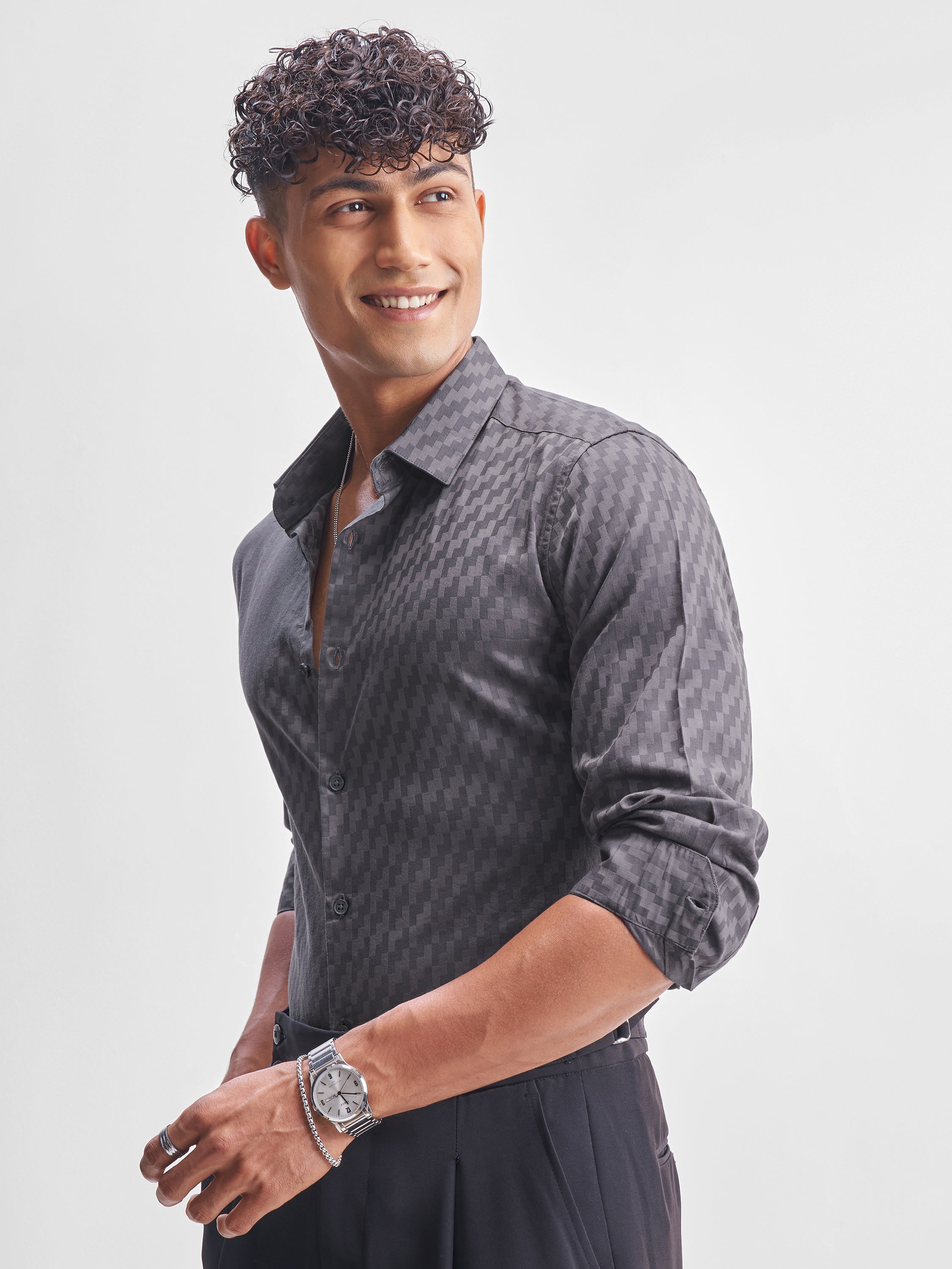Highlander Men Charcoal Self Design Relaxed Fit Casual Shirt - Charcoal - Image 4