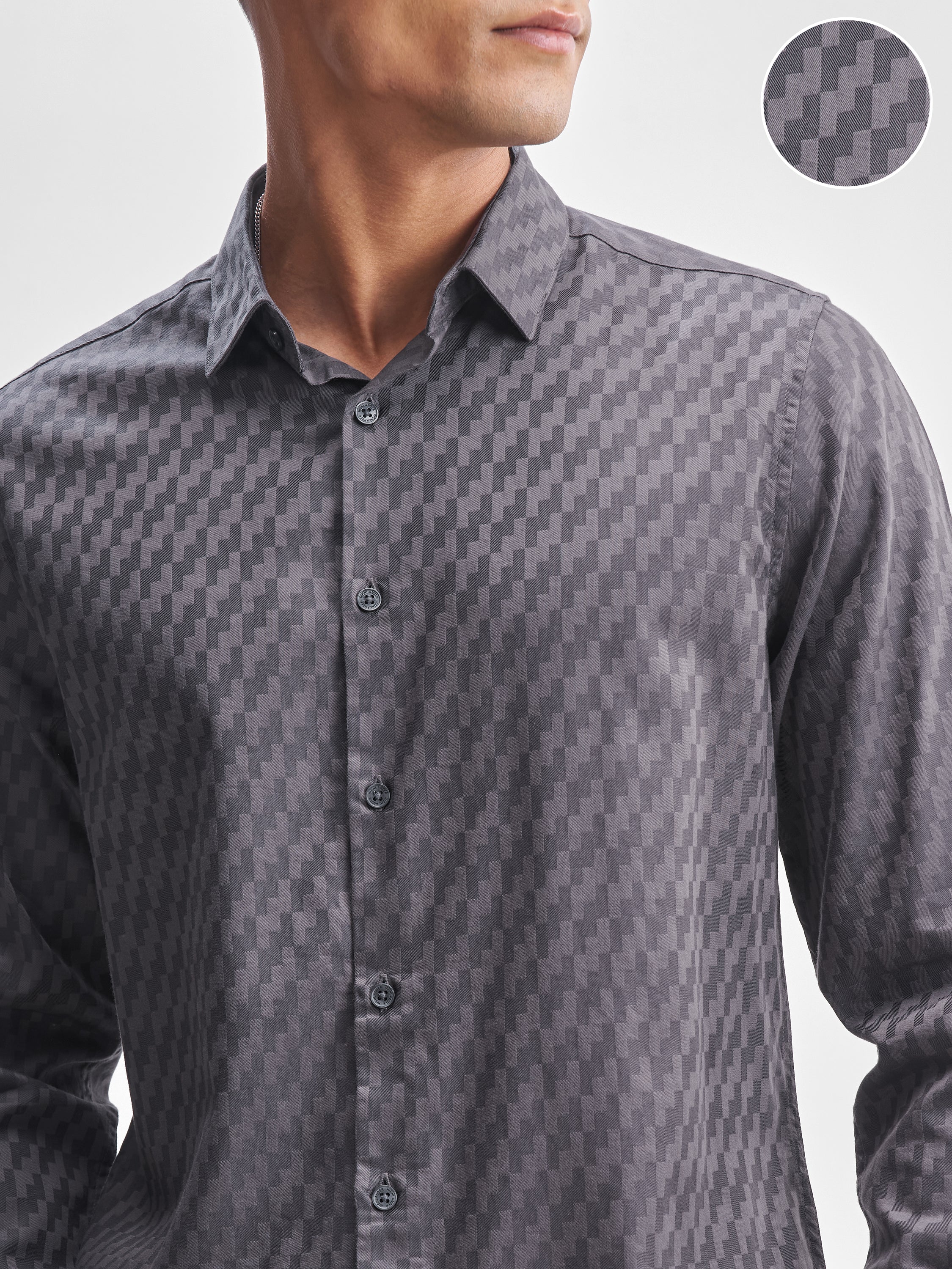 Highlander Men Charcoal Self Design Relaxed Fit Casual Shirt - Charcoal - Image 5