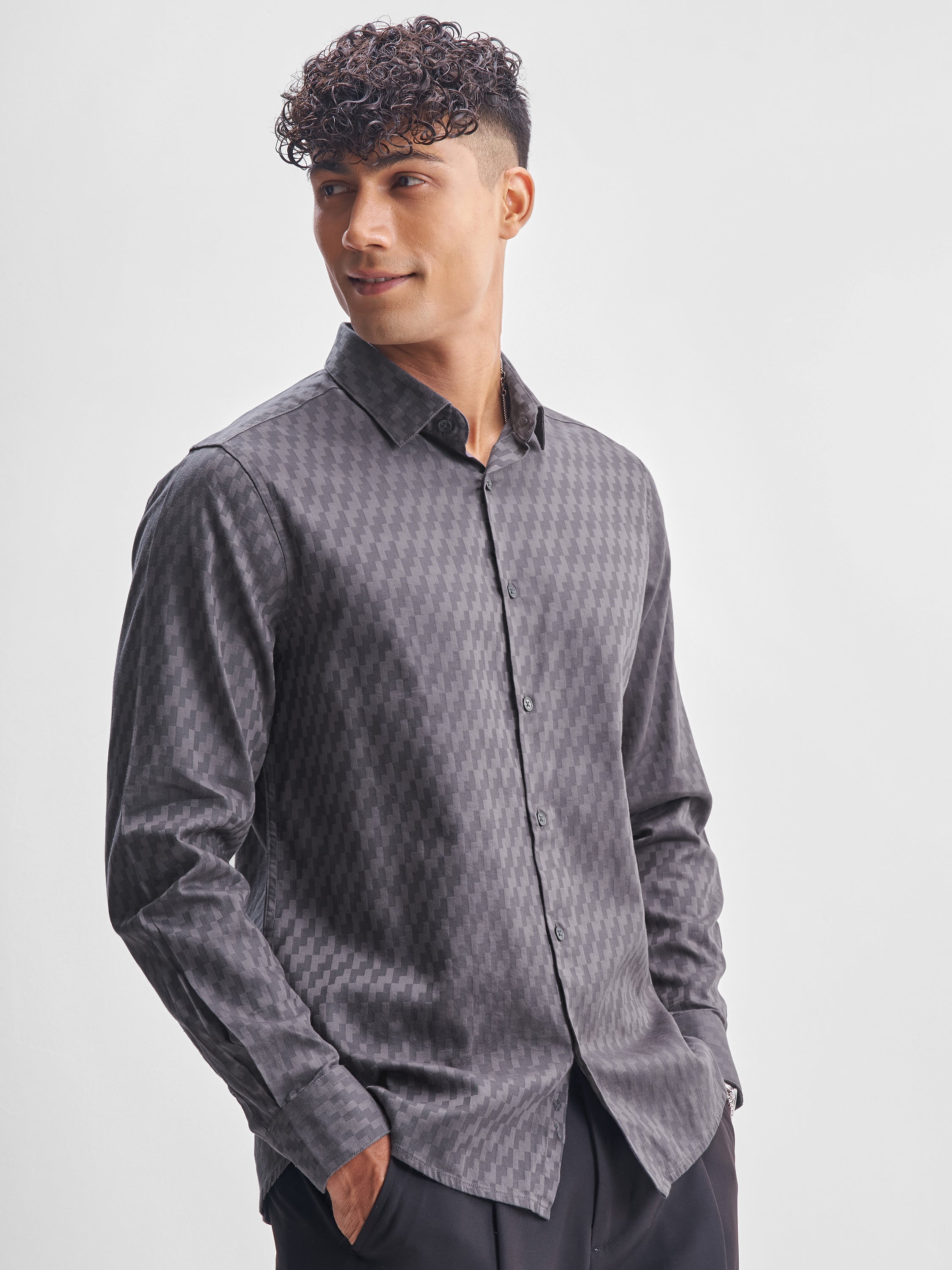 Highlander Men Charcoal Self Design Relaxed Fit Casual Shirt - Charcoal - Image 6