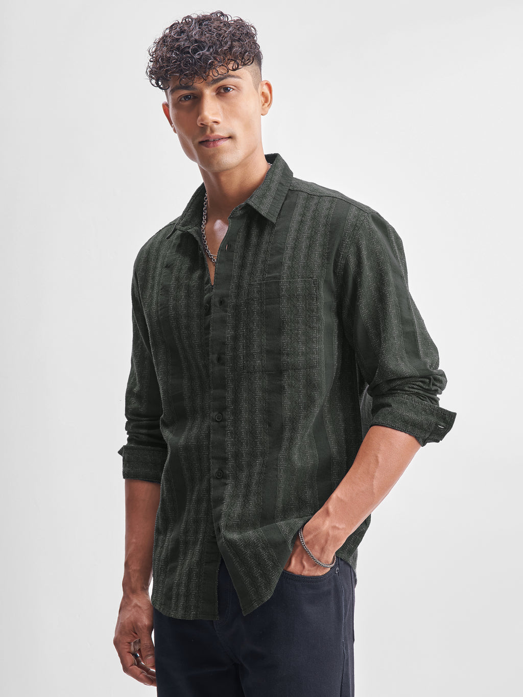 Highlander Men Green Self Design Relaxed Fit Casual Shirt - Green - Image 4
